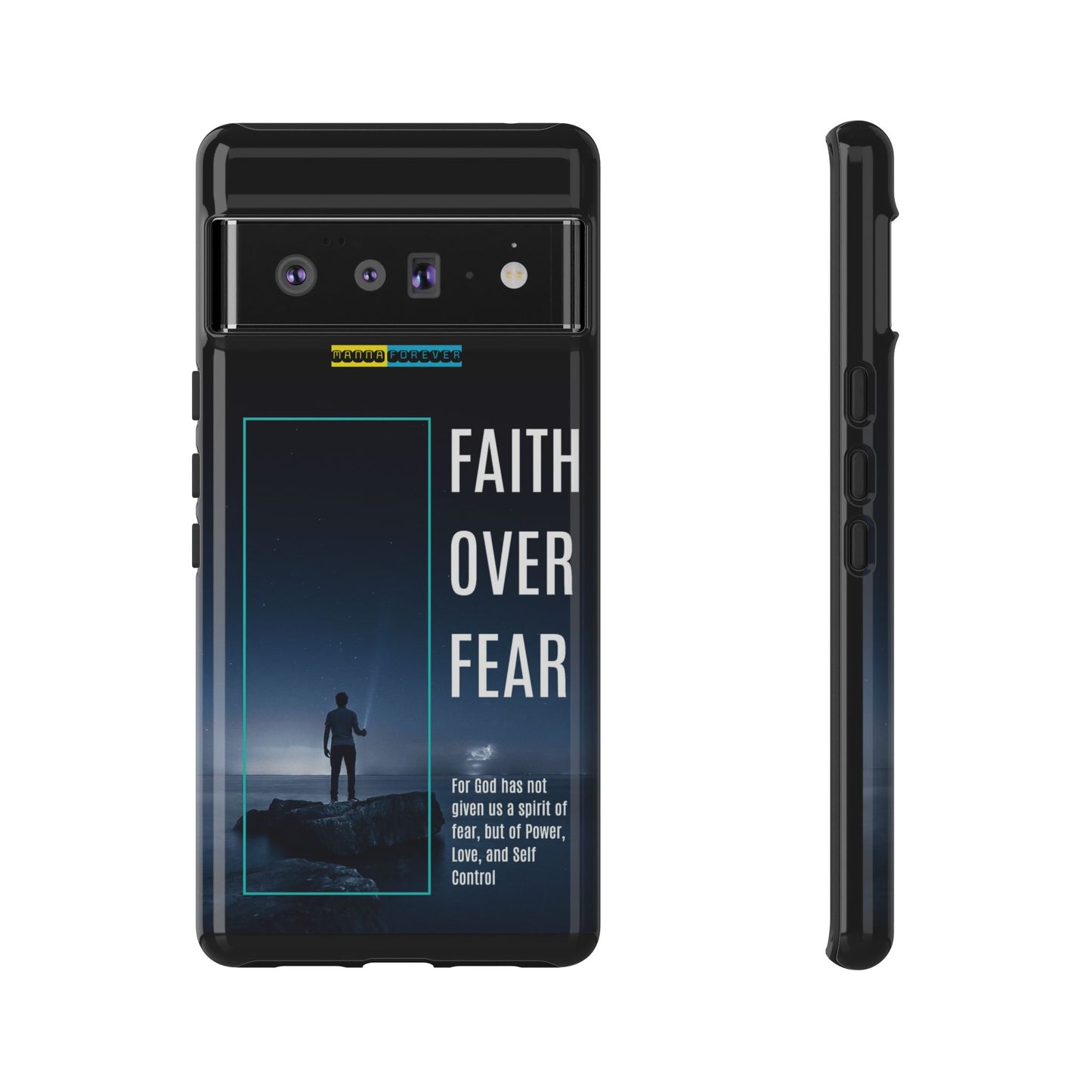 DOUBLE LAYER BLACK PHONE CASE WITH CHRISTIAN QUOTE "FAITH OVER FEAR " - MADE FOR  IPHONE, SAMSUNG AND GOOGLE PIXEL MODELS