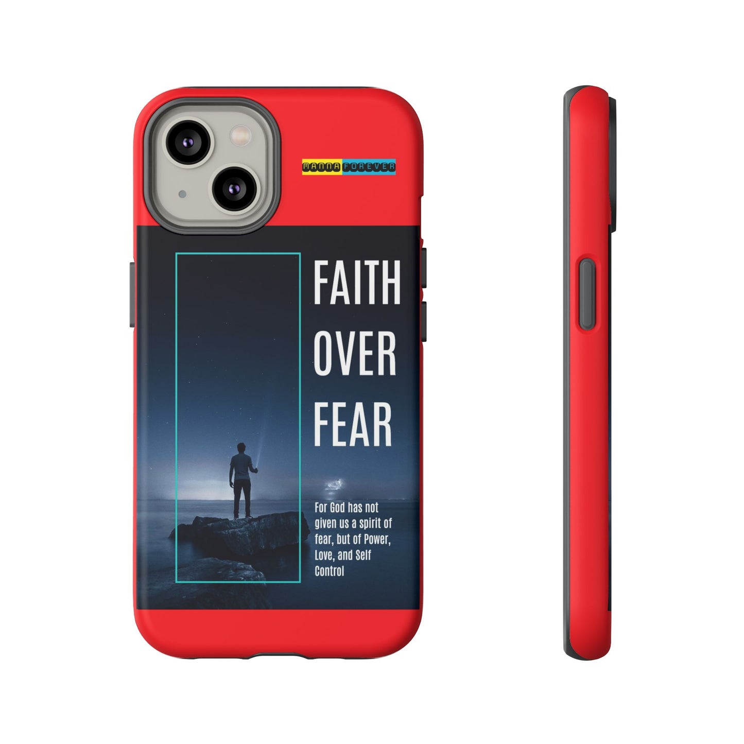 DOUBLE LAYER RED PHONE CASE WITH CHRISTIAN QUOTE "FAITH OVER FEAR " - MADE FOR  IPHONE, SAMSUNG AND GOOGLE PIXEL MODELS