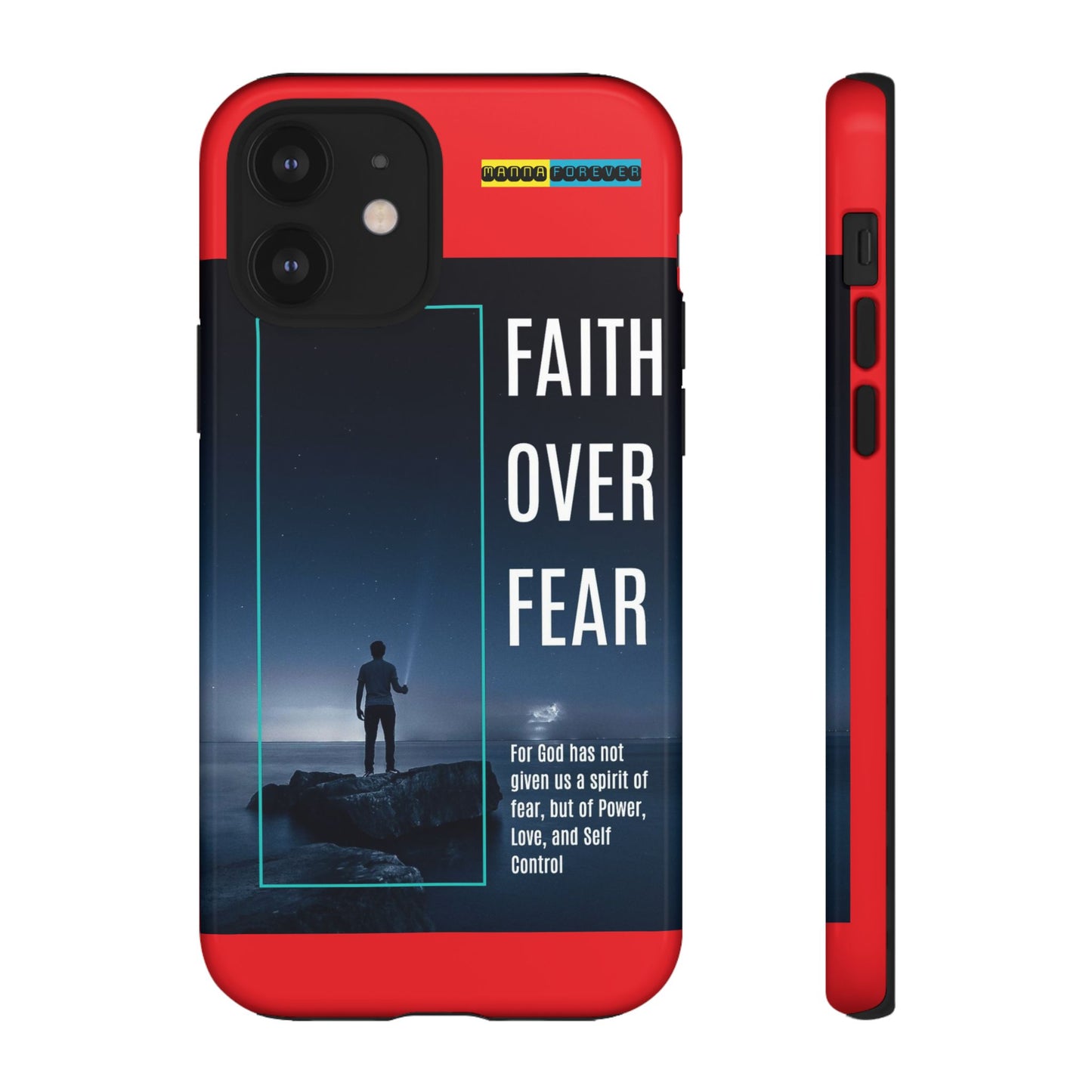 DOUBLE LAYER RED PHONE CASE WITH CHRISTIAN QUOTE "FAITH OVER FEAR " - MADE FOR  IPHONE, SAMSUNG AND GOOGLE PIXEL MODELS