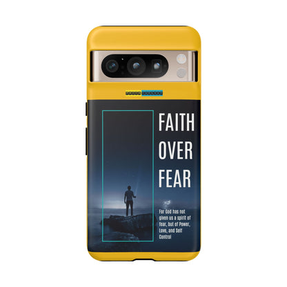 DOUBLE LAYER YELLOW PHONE CASE WITH CHRISTIAN QUOTE "FAITH OVER FEAR " - MADE FOR  IPHONE, SAMSUNG AND GOOGLE PIXEL MODELS