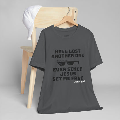 UNISEX CREWNECK JERSEY T-SHIRT HELL LOST ANOTHER ONE JOHN 8:36