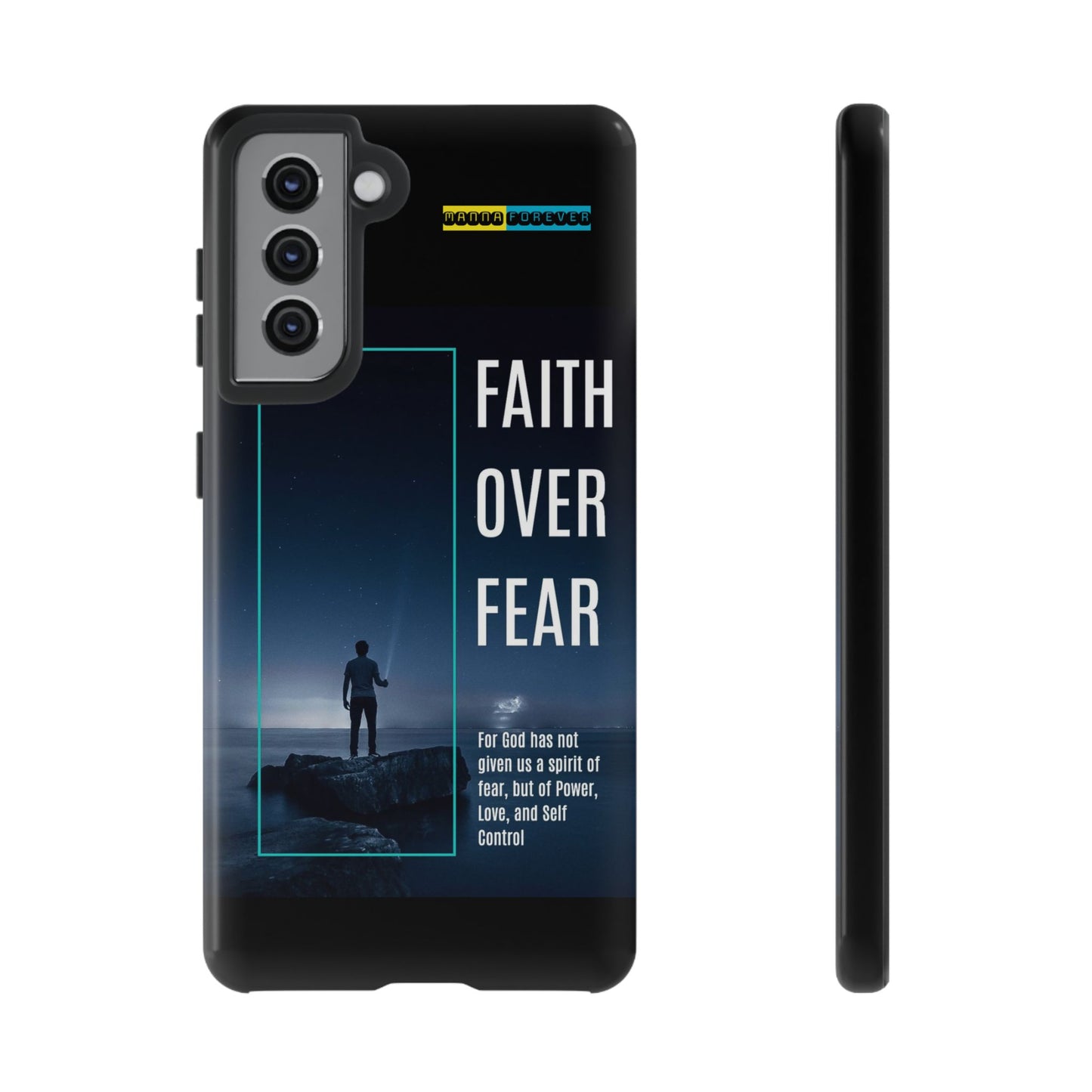 DOUBLE LAYER BLACK PHONE CASE WITH CHRISTIAN QUOTE "FAITH OVER FEAR " - MADE FOR  IPHONE, SAMSUNG AND GOOGLE PIXEL MODELS