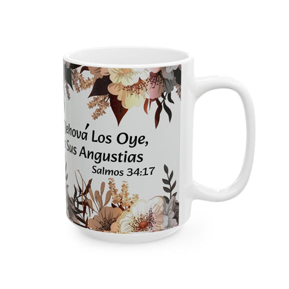 TAZA DE CERÁMICA DURABLE 11 oz Y 15 oz CON CITA BÍBLICA SALMOS 34:17