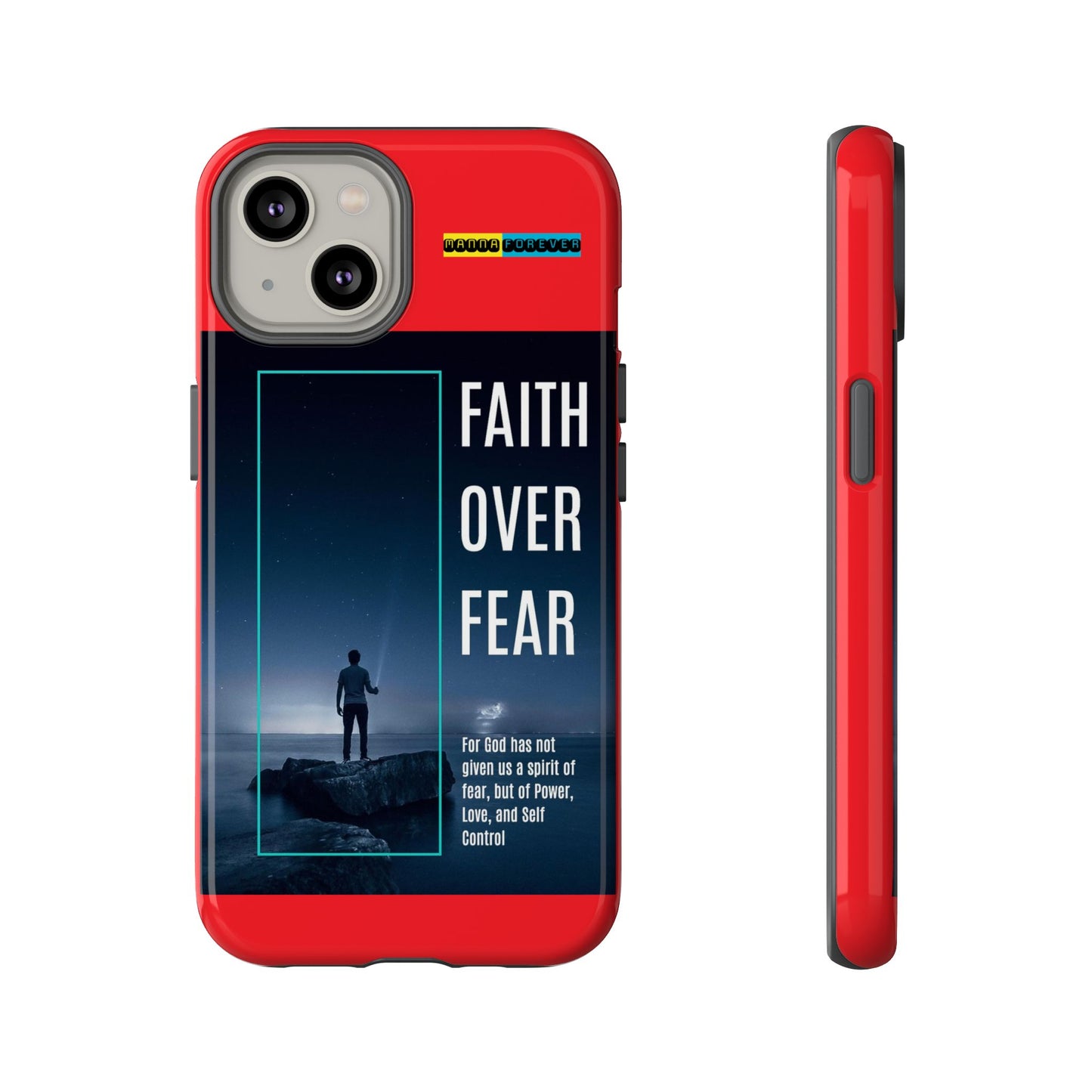 DOUBLE LAYER RED PHONE CASE WITH CHRISTIAN QUOTE "FAITH OVER FEAR " - MADE FOR  IPHONE, SAMSUNG AND GOOGLE PIXEL MODELS