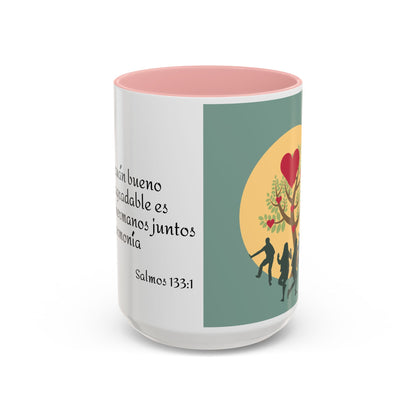 TAZA PARA CAFÉ DE CERÁMICA CON DOBLE TONALIDAD DECORATIVA CON CITA BÍBLICA SALMOS 133:1