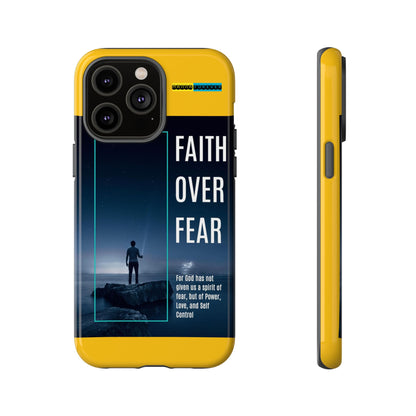 DOUBLE LAYER YELLOW PHONE CASE WITH CHRISTIAN QUOTE "FAITH OVER FEAR " - MADE FOR  IPHONE, SAMSUNG AND GOOGLE PIXEL MODELS