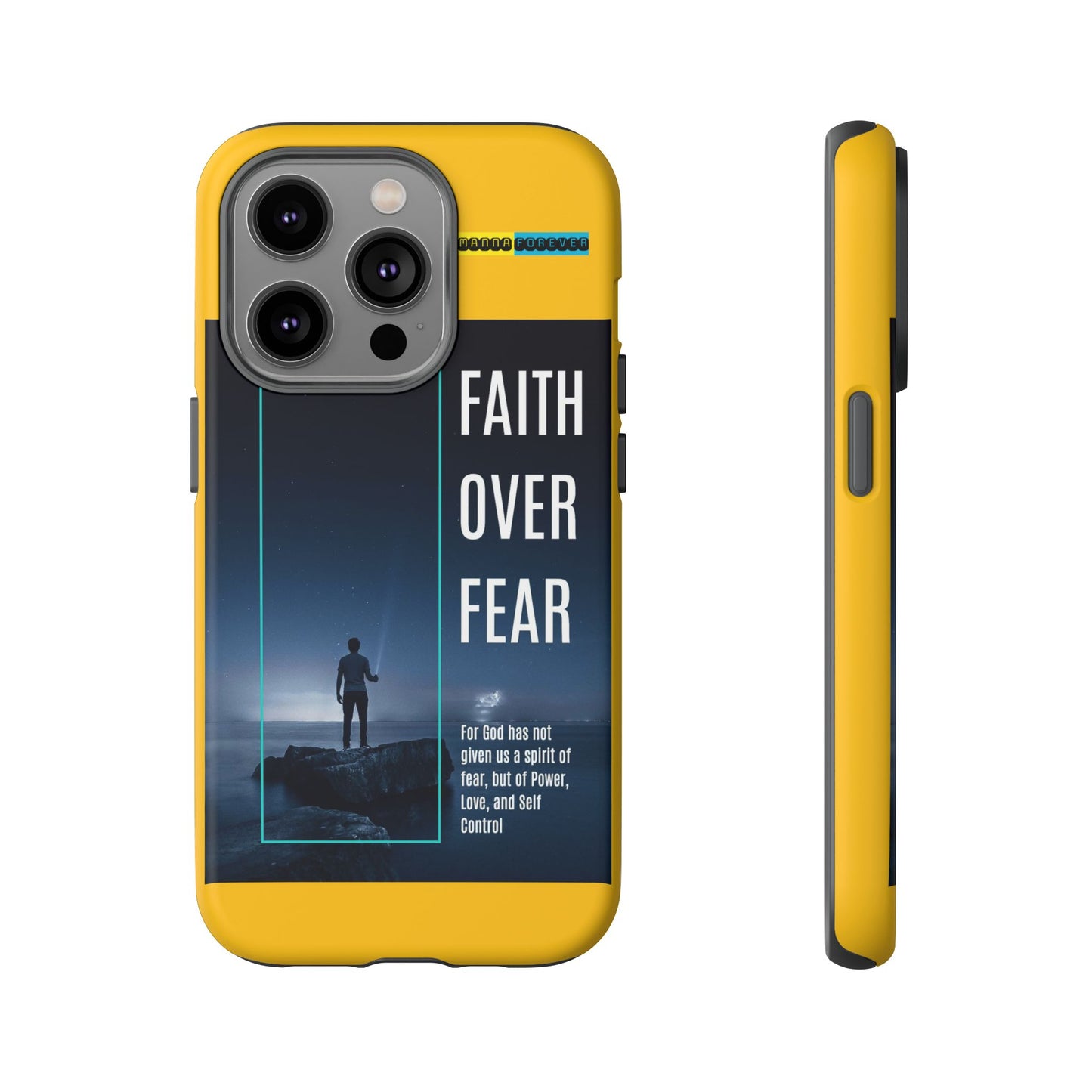 DOUBLE LAYER YELLOW PHONE CASE WITH CHRISTIAN QUOTE "FAITH OVER FEAR " - MADE FOR  IPHONE, SAMSUNG AND GOOGLE PIXEL MODELS