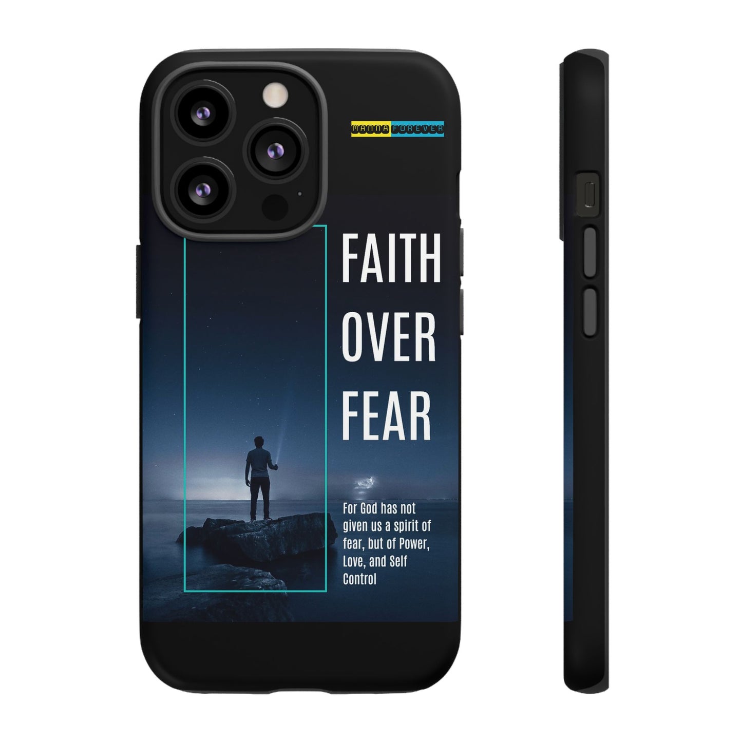 DOUBLE LAYER BLACK PHONE CASE WITH CHRISTIAN QUOTE "FAITH OVER FEAR " - MADE FOR  IPHONE, SAMSUNG AND GOOGLE PIXEL MODELS