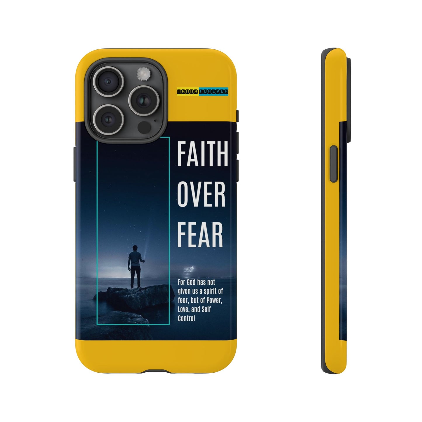 DOUBLE LAYER YELLOW PHONE CASE WITH CHRISTIAN QUOTE "FAITH OVER FEAR " - MADE FOR  IPHONE, SAMSUNG AND GOOGLE PIXEL MODELS