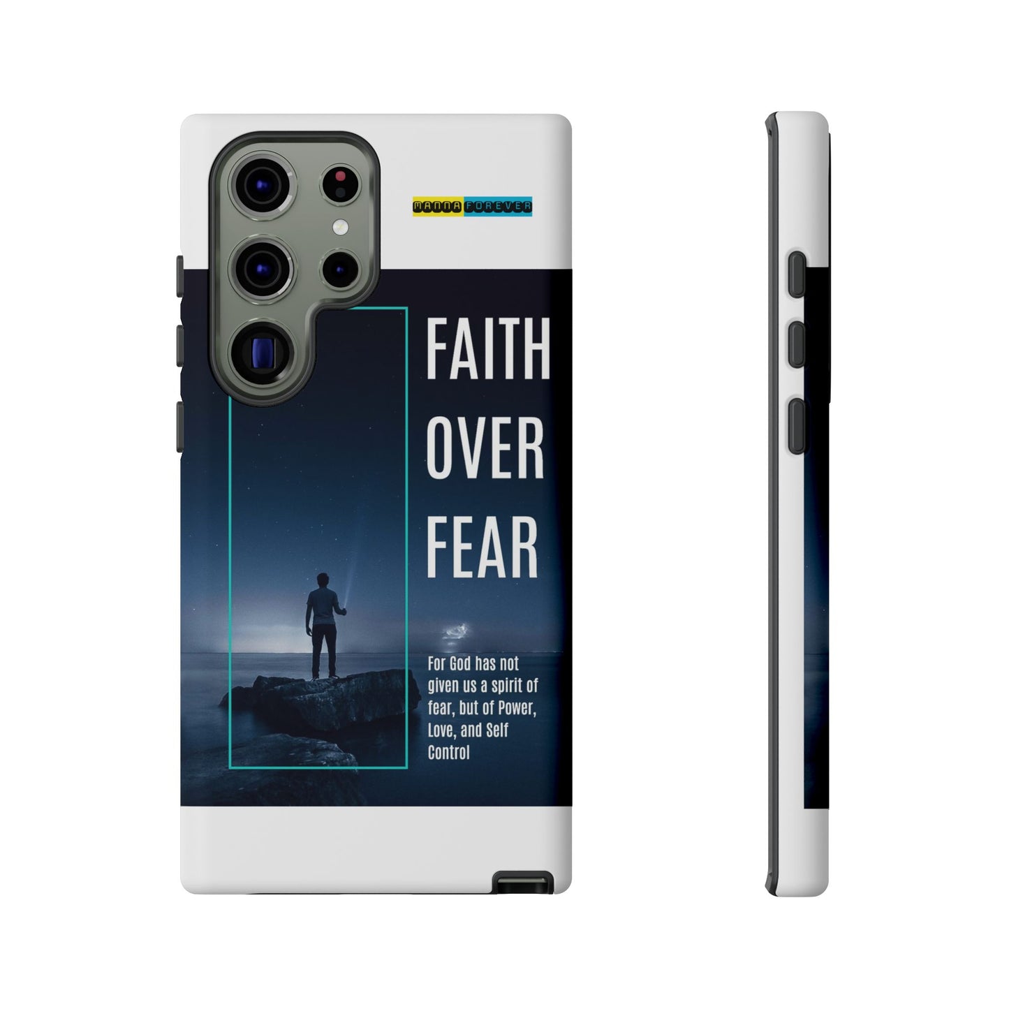 DOUBLE LAYER WHITE PHONE CASE WITH CHRISTIAN QUOTE "FAITH OVER FEAR " - MADE FOR  IPHONE, SAMSUNG AND GOOGLE PIXEL MODELS