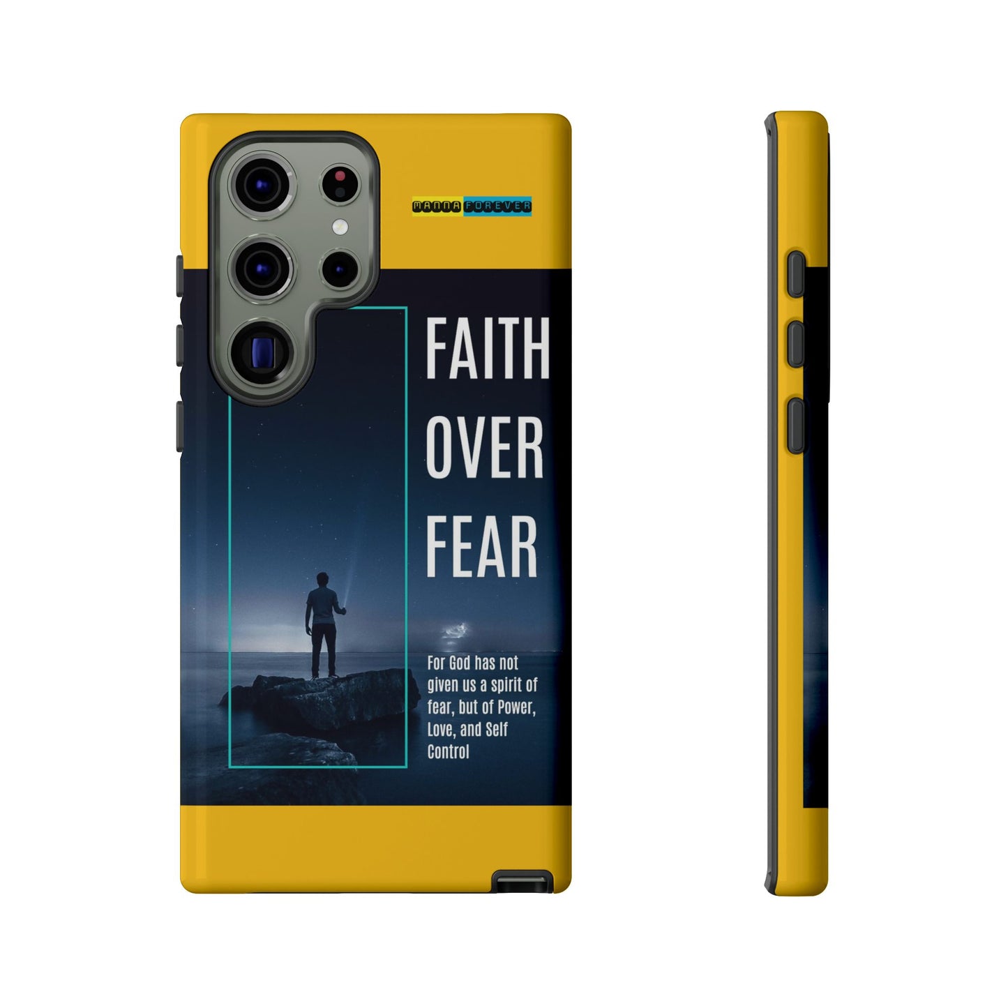 DOUBLE LAYER YELLOW PHONE CASE WITH CHRISTIAN QUOTE "FAITH OVER FEAR " - MADE FOR  IPHONE, SAMSUNG AND GOOGLE PIXEL MODELS