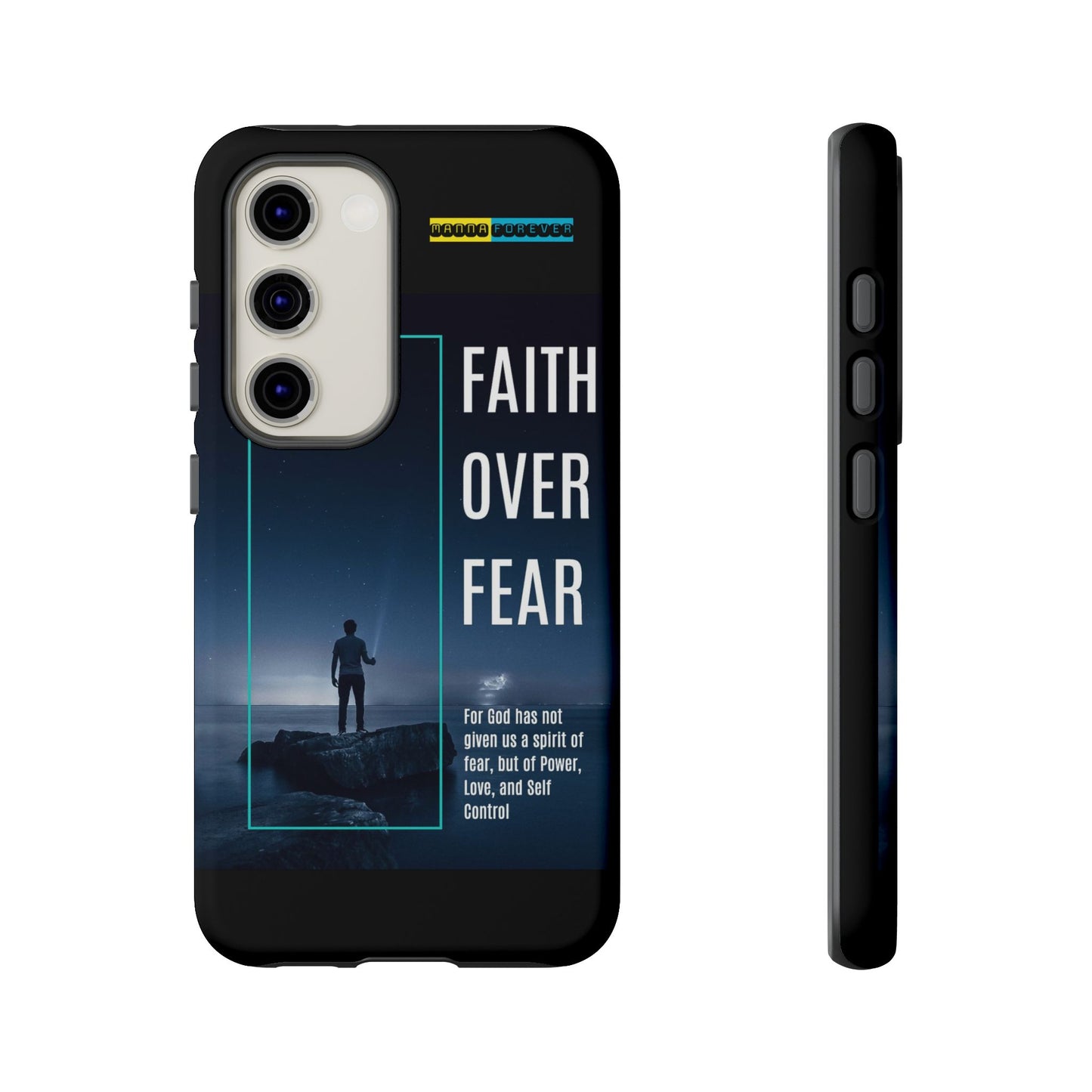 DOUBLE LAYER BLACK PHONE CASE WITH CHRISTIAN QUOTE "FAITH OVER FEAR " - MADE FOR  IPHONE, SAMSUNG AND GOOGLE PIXEL MODELS