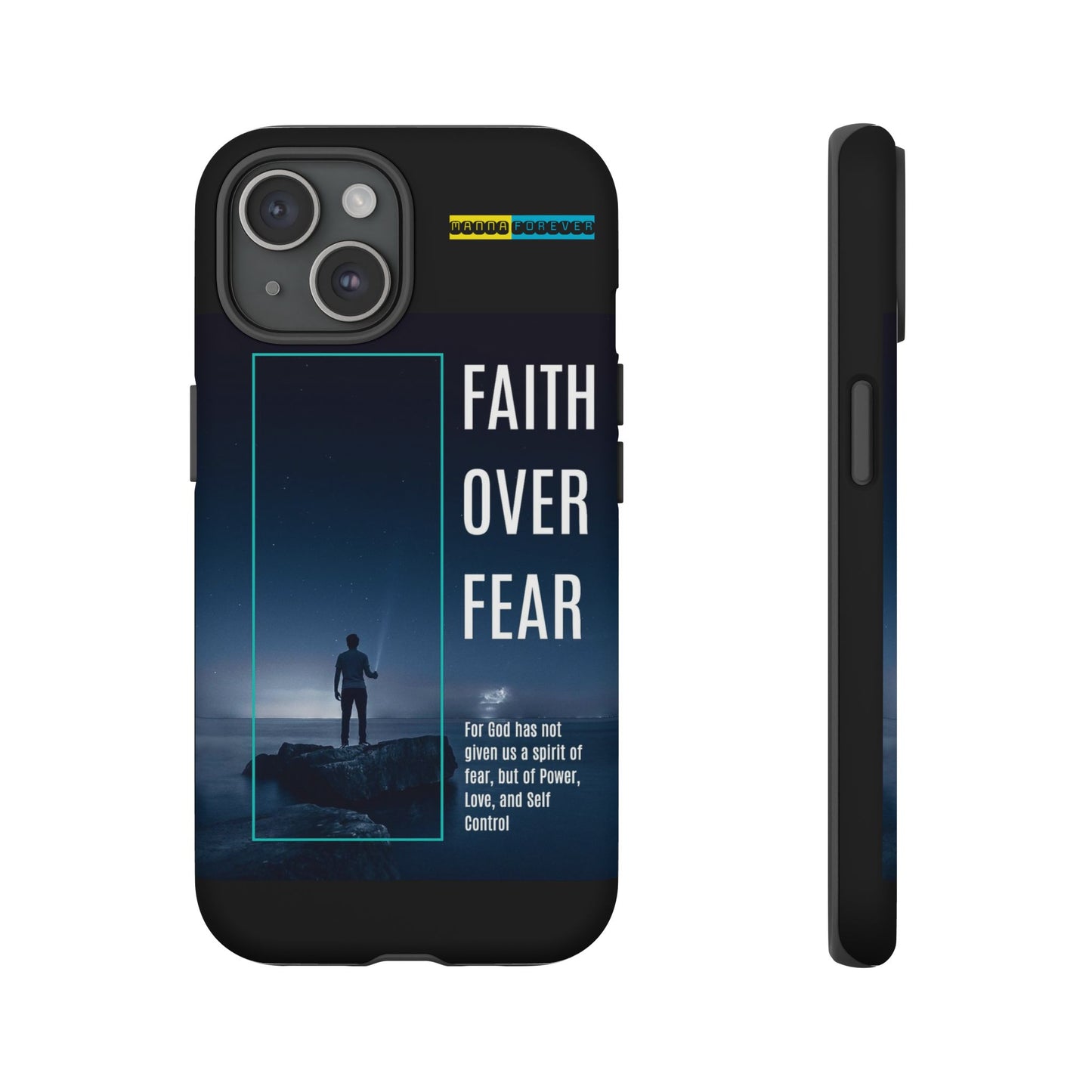 DOUBLE LAYER BLACK PHONE CASE WITH CHRISTIAN QUOTE "FAITH OVER FEAR " - MADE FOR  IPHONE, SAMSUNG AND GOOGLE PIXEL MODELS