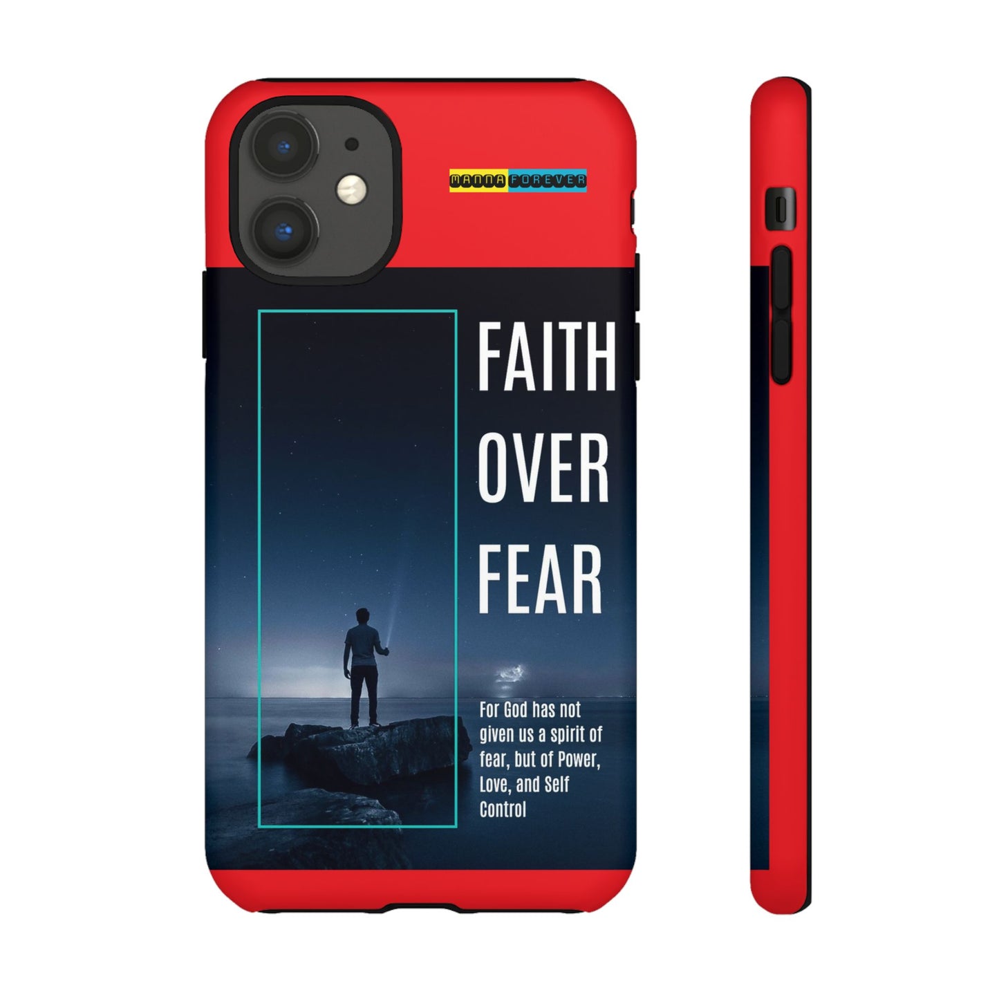 DOUBLE LAYER RED PHONE CASE WITH CHRISTIAN QUOTE "FAITH OVER FEAR " - MADE FOR  IPHONE, SAMSUNG AND GOOGLE PIXEL MODELS