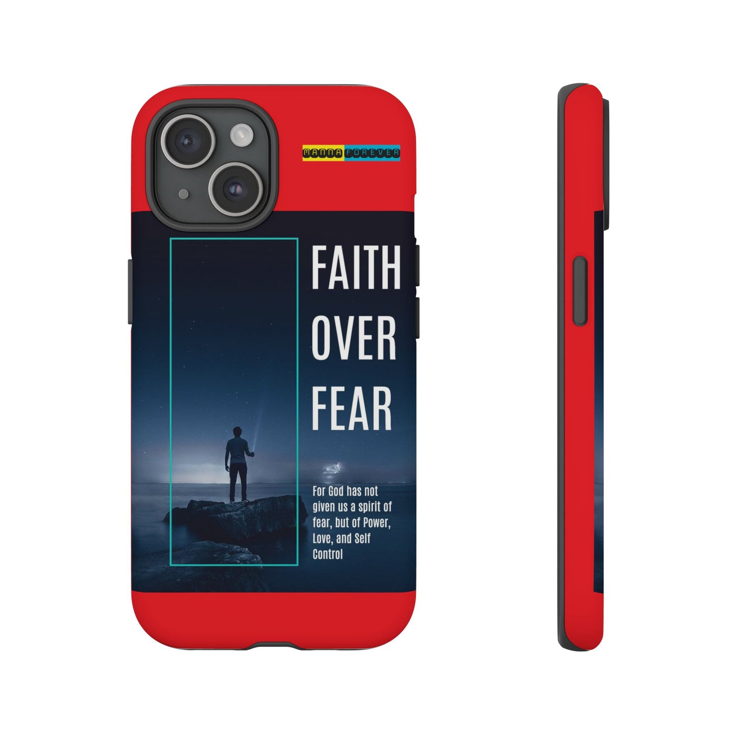 DOUBLE LAYER RED PHONE CASE WITH CHRISTIAN QUOTE "FAITH OVER FEAR " - MADE FOR  IPHONE, SAMSUNG AND GOOGLE PIXEL MODELS