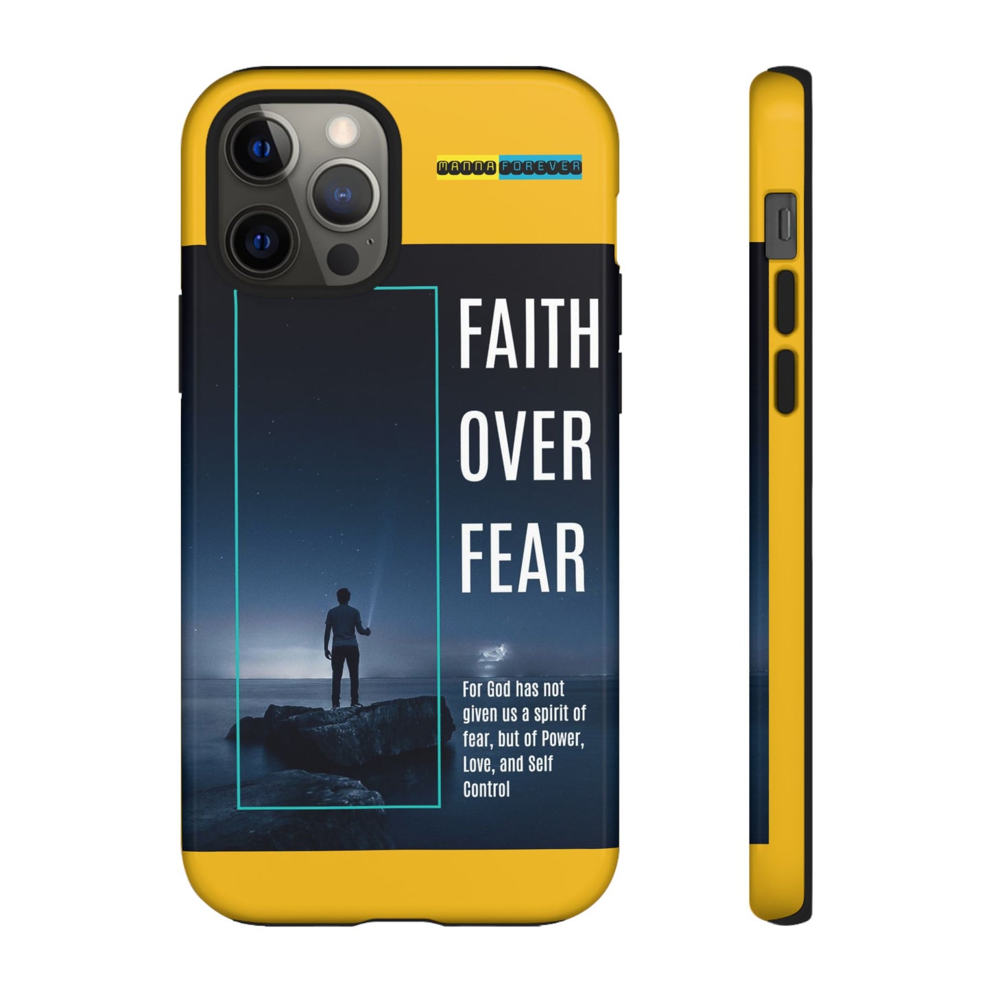 DOUBLE LAYER YELLOW PHONE CASE WITH CHRISTIAN QUOTE "FAITH OVER FEAR " - MADE FOR  IPHONE, SAMSUNG AND GOOGLE PIXEL MODELS