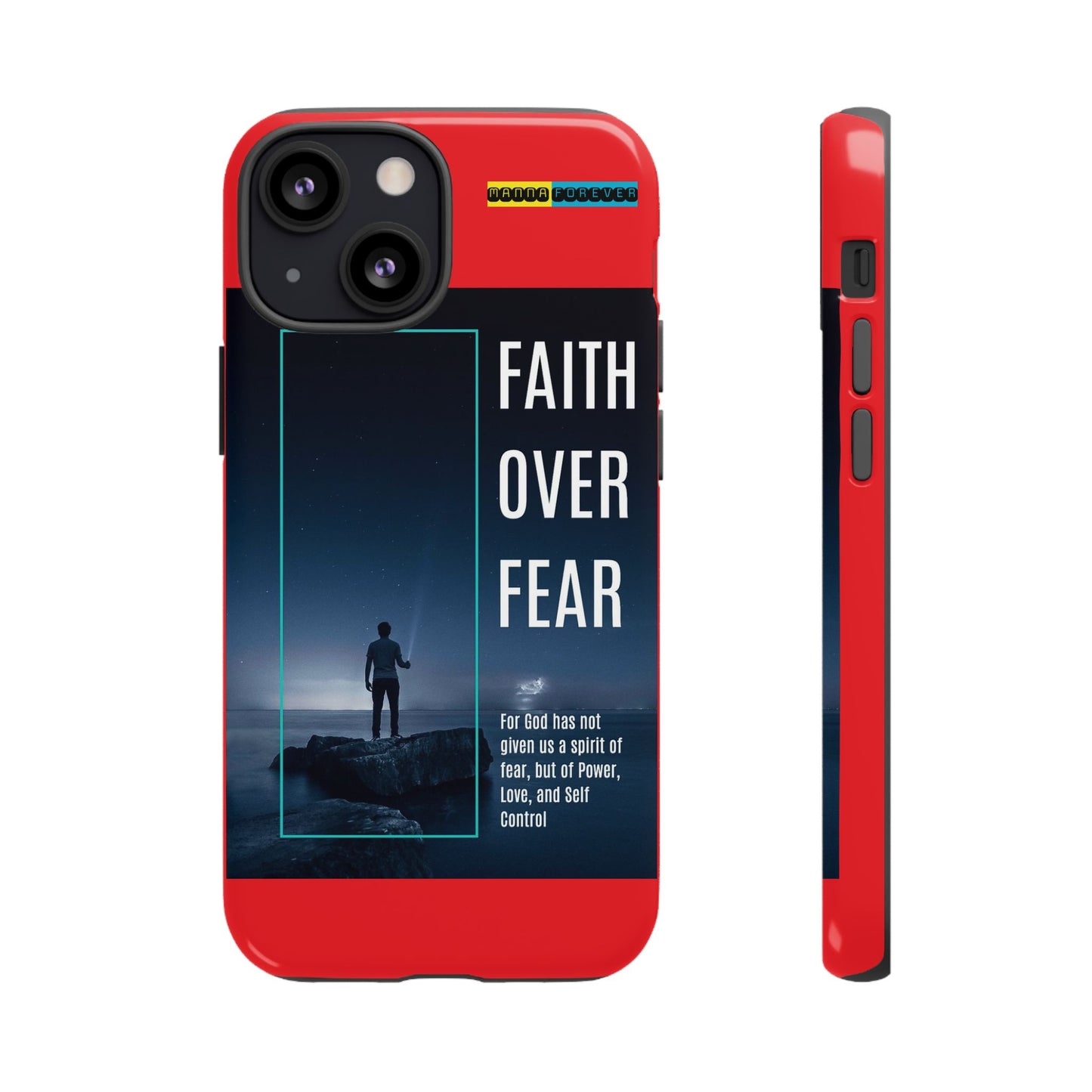 DOUBLE LAYER RED PHONE CASE WITH CHRISTIAN QUOTE "FAITH OVER FEAR " - MADE FOR  IPHONE, SAMSUNG AND GOOGLE PIXEL MODELS