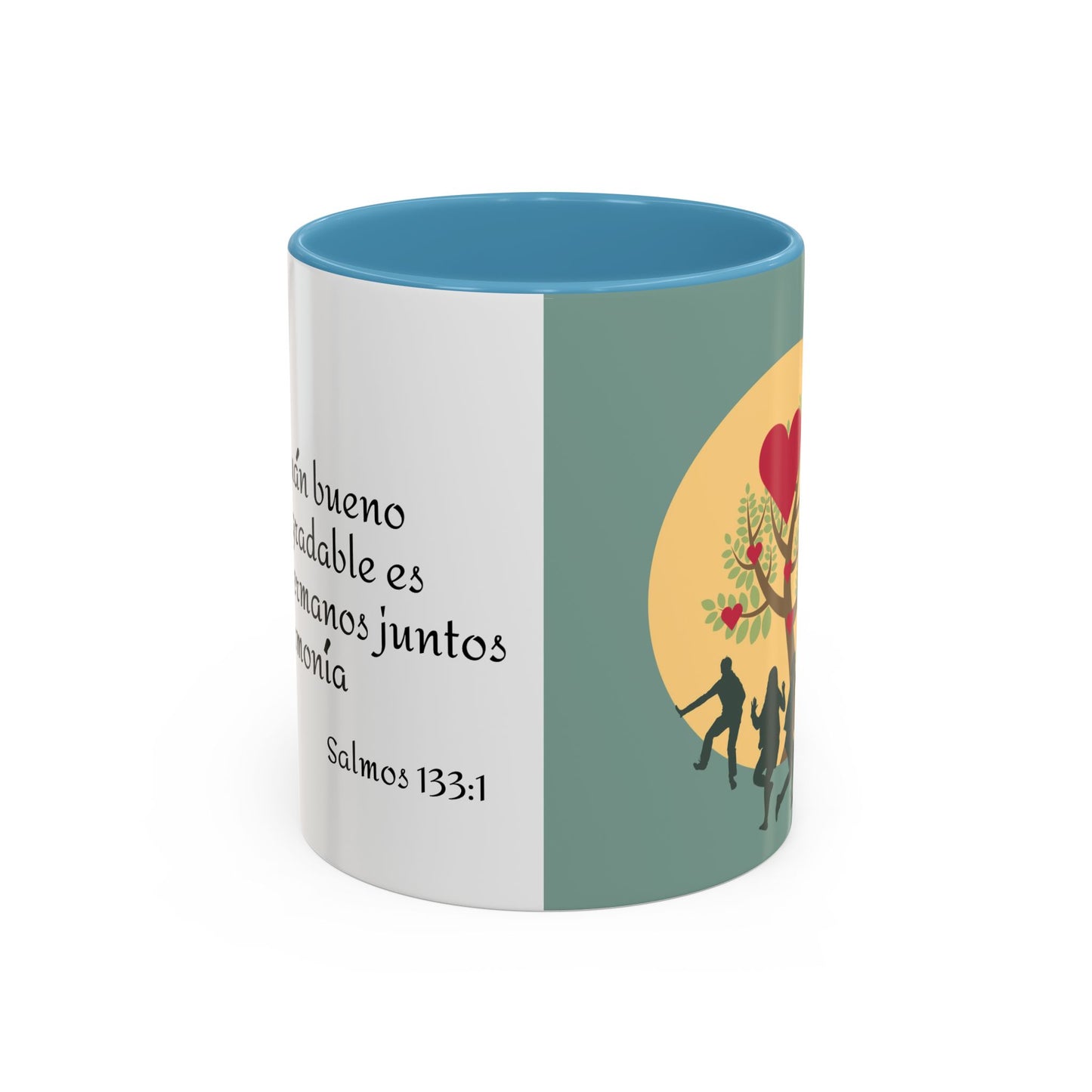 TAZA PARA CAFÉ DE CERÁMICA CON DOBLE TONALIDAD DECORATIVA CON CITA BÍBLICA SALMOS 133:1