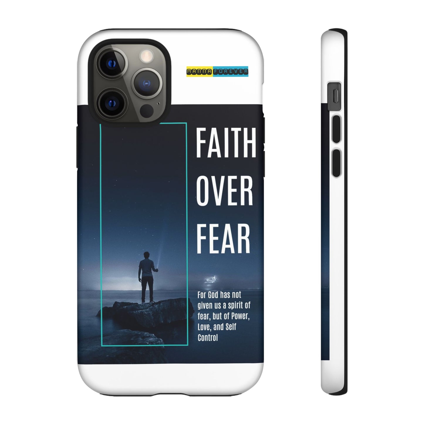 DOUBLE LAYER WHITE PHONE CASE WITH CHRISTIAN QUOTE "FAITH OVER FEAR " - MADE FOR  IPHONE, SAMSUNG AND GOOGLE PIXEL MODELS