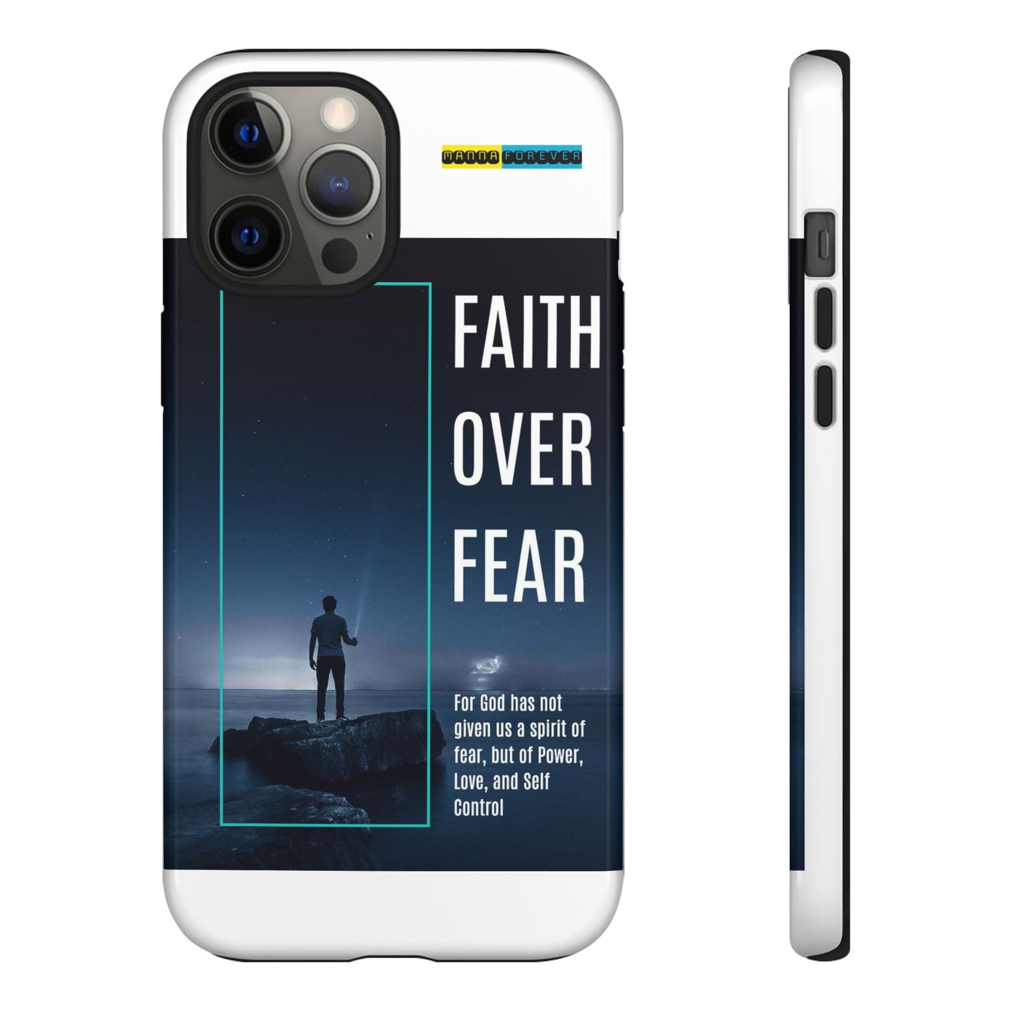 DOUBLE LAYER WHITE PHONE CASE WITH CHRISTIAN QUOTE "FAITH OVER FEAR " - MADE FOR  IPHONE, SAMSUNG AND GOOGLE PIXEL MODELS