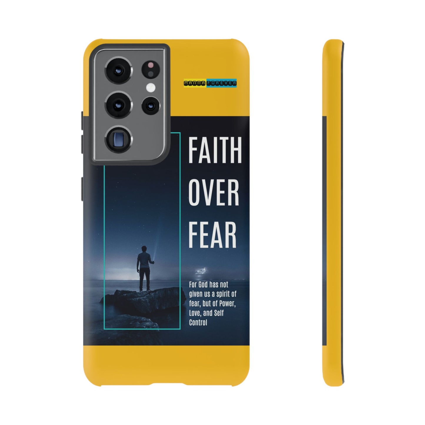 DOUBLE LAYER YELLOW PHONE CASE WITH CHRISTIAN QUOTE "FAITH OVER FEAR " - MADE FOR  IPHONE, SAMSUNG AND GOOGLE PIXEL MODELS