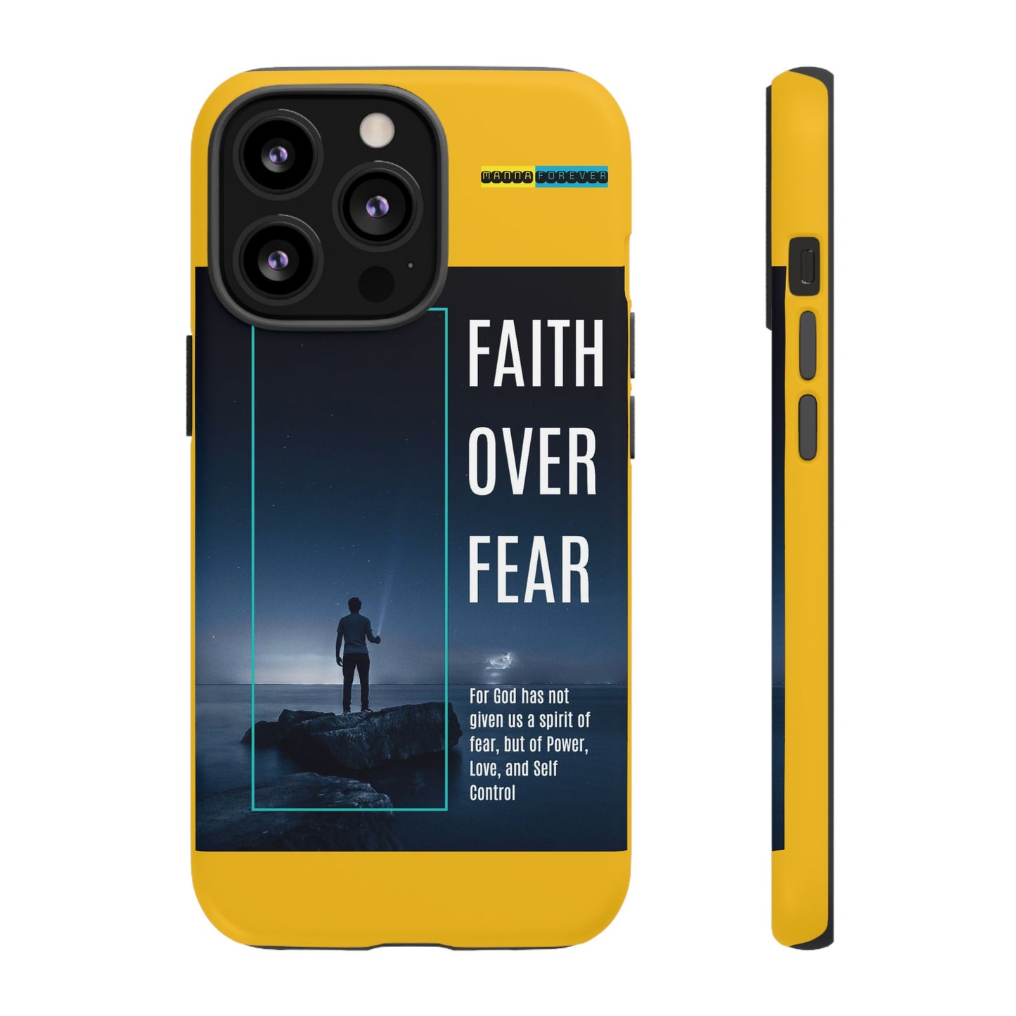 DOUBLE LAYER YELLOW PHONE CASE WITH CHRISTIAN QUOTE "FAITH OVER FEAR " - MADE FOR  IPHONE, SAMSUNG AND GOOGLE PIXEL MODELS