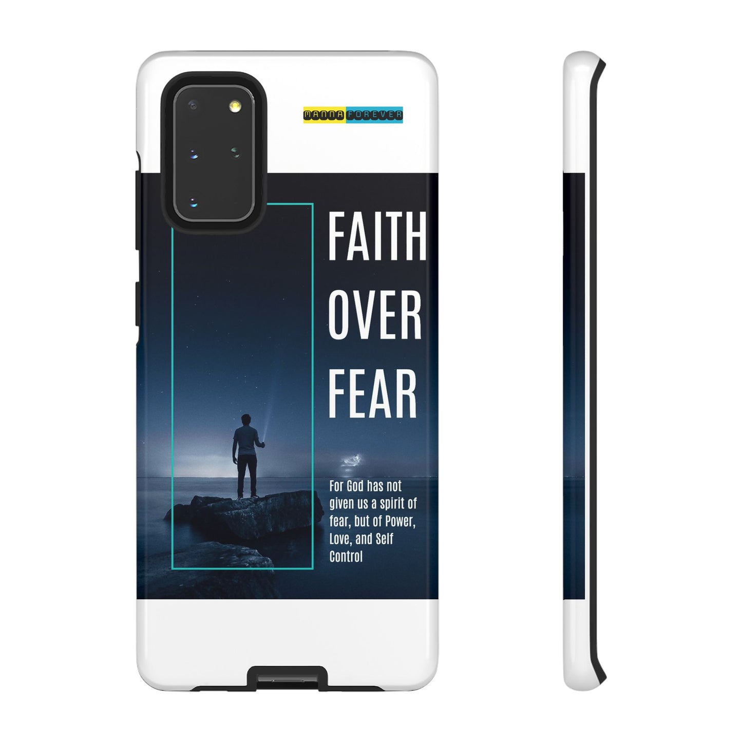 DOUBLE LAYER WHITE PHONE CASE WITH CHRISTIAN QUOTE "FAITH OVER FEAR " - MADE FOR  IPHONE, SAMSUNG AND GOOGLE PIXEL MODELS