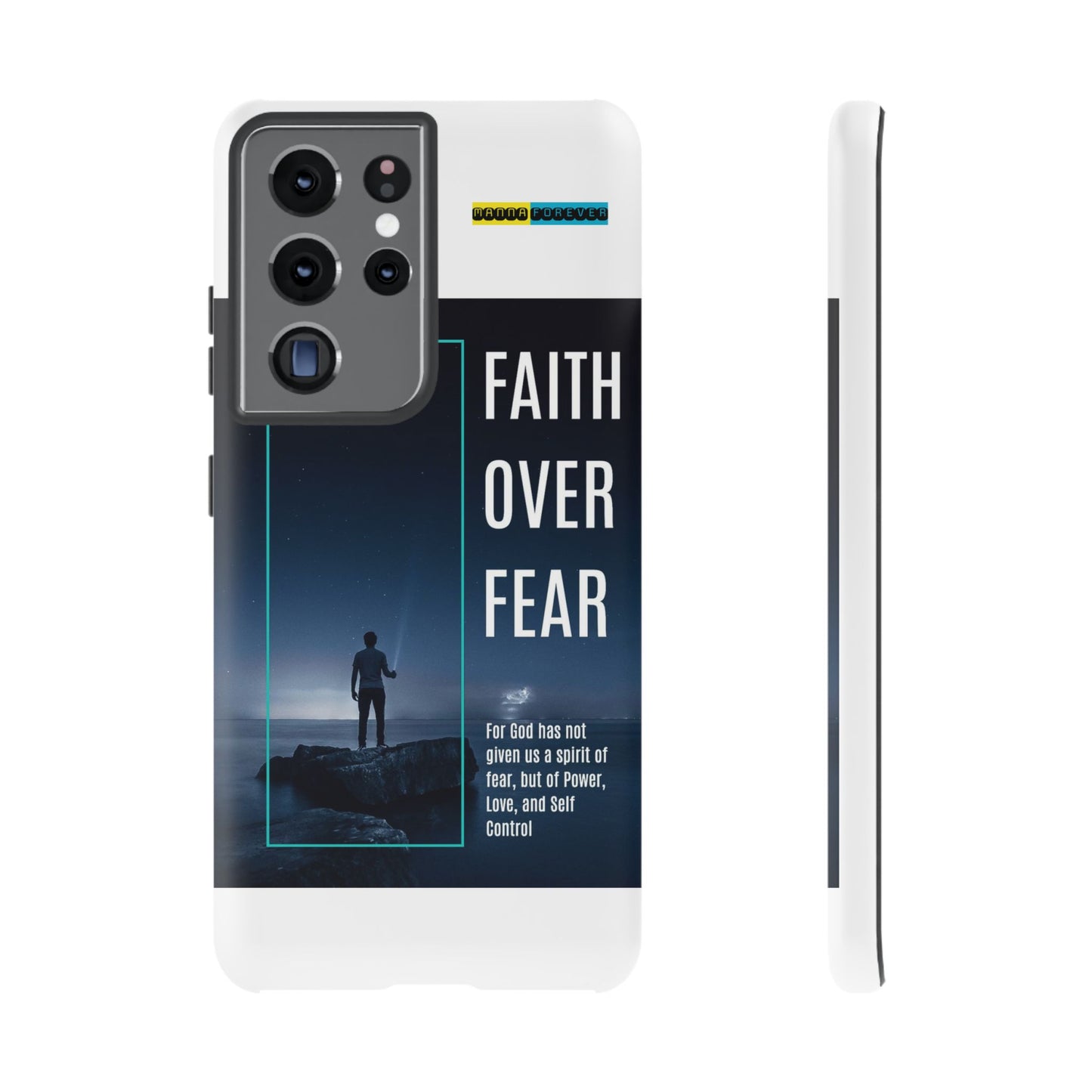 DOUBLE LAYER WHITE PHONE CASE WITH CHRISTIAN QUOTE "FAITH OVER FEAR " - MADE FOR  IPHONE, SAMSUNG AND GOOGLE PIXEL MODELS