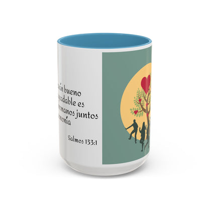 TAZA PARA CAFÉ DE CERÁMICA CON DOBLE TONALIDAD DECORATIVA CON CITA BÍBLICA SALMOS 133:1