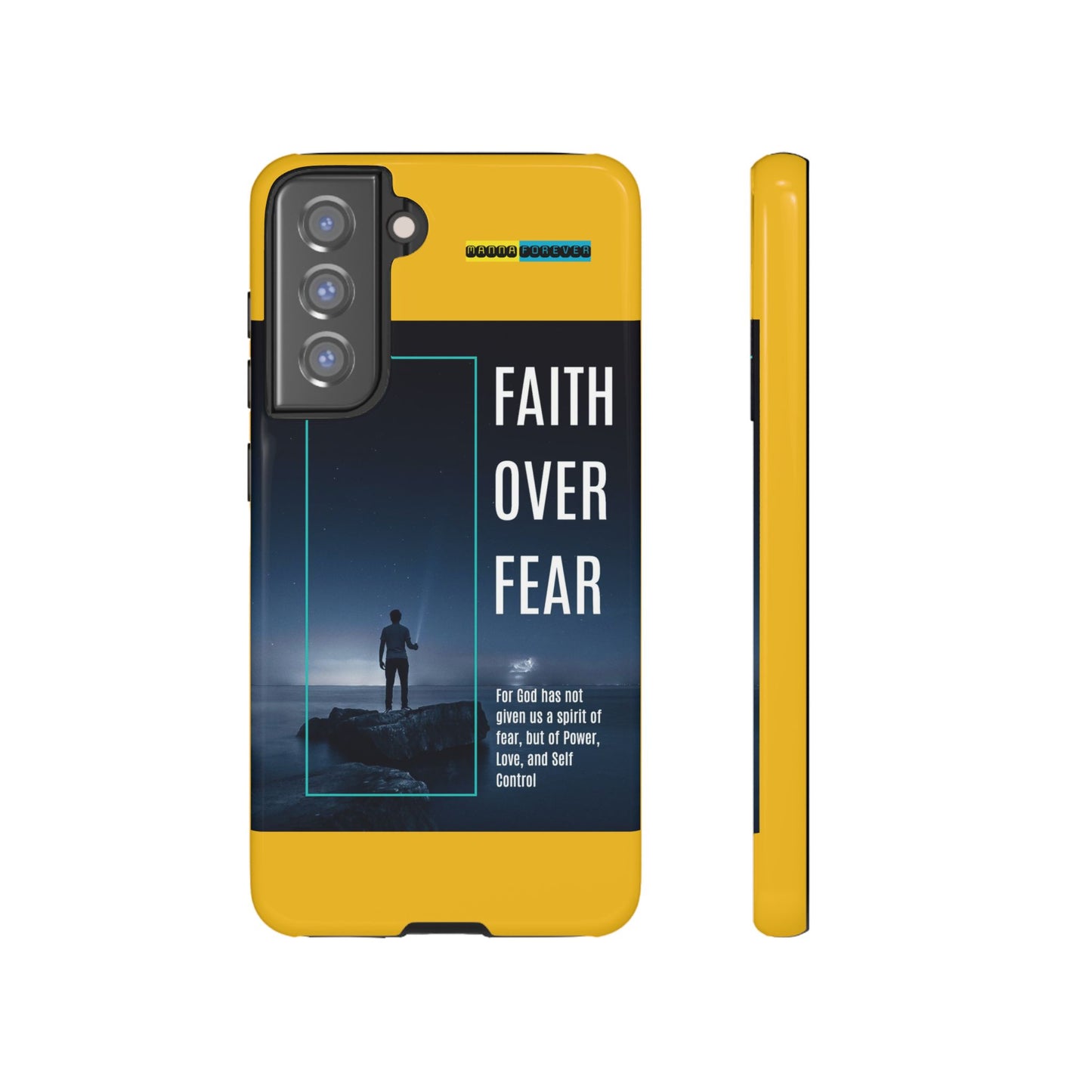 DOUBLE LAYER YELLOW PHONE CASE WITH CHRISTIAN QUOTE "FAITH OVER FEAR " - MADE FOR  IPHONE, SAMSUNG AND GOOGLE PIXEL MODELS