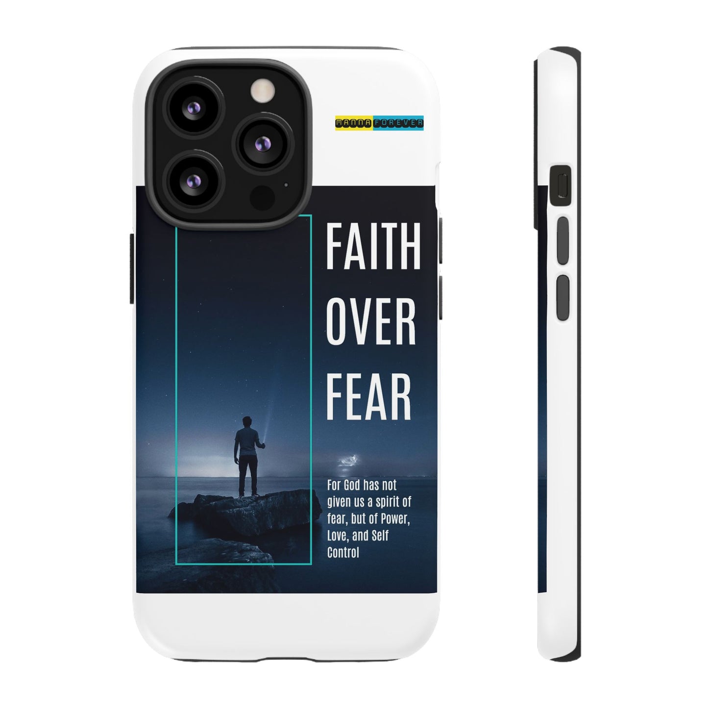 DOUBLE LAYER WHITE PHONE CASE WITH CHRISTIAN QUOTE "FAITH OVER FEAR " - MADE FOR  IPHONE, SAMSUNG AND GOOGLE PIXEL MODELS