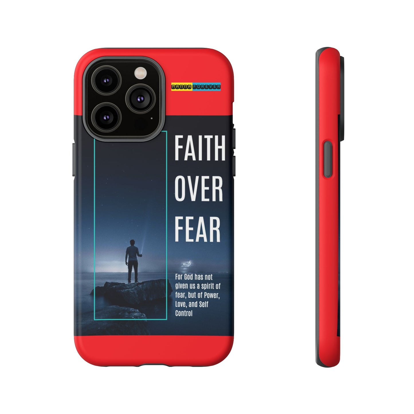 DOUBLE LAYER RED PHONE CASE WITH CHRISTIAN QUOTE "FAITH OVER FEAR " - MADE FOR  IPHONE, SAMSUNG AND GOOGLE PIXEL MODELS