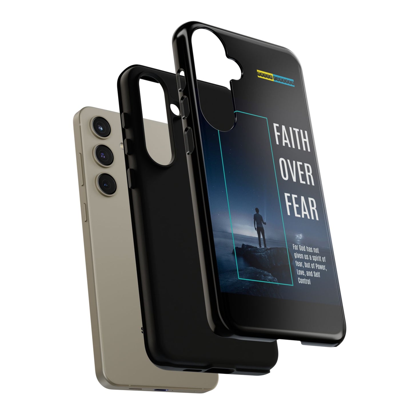 DOUBLE LAYER BLACK PHONE CASE WITH CHRISTIAN QUOTE "FAITH OVER FEAR " - MADE FOR  IPHONE, SAMSUNG AND GOOGLE PIXEL MODELS