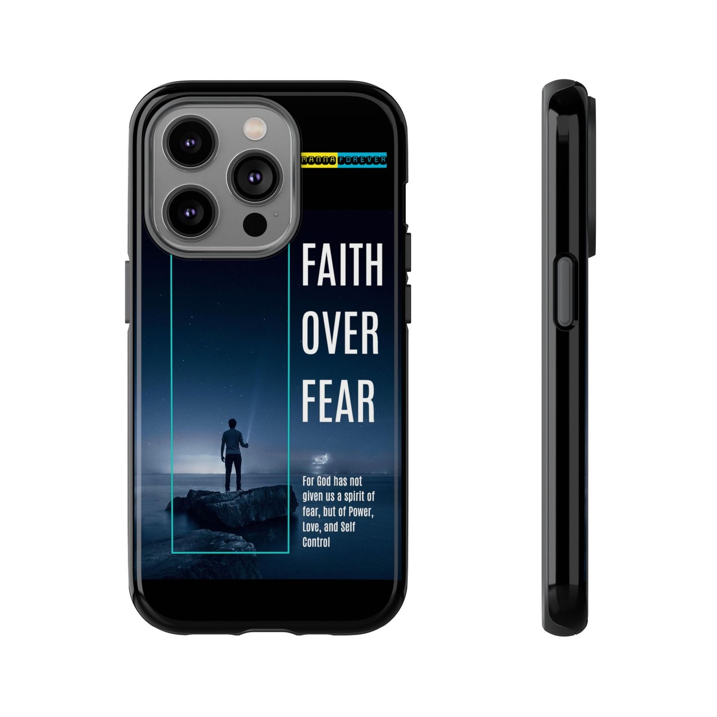 DOUBLE LAYER BLACK PHONE CASE WITH CHRISTIAN QUOTE "FAITH OVER FEAR " - MADE FOR  IPHONE, SAMSUNG AND GOOGLE PIXEL MODELS