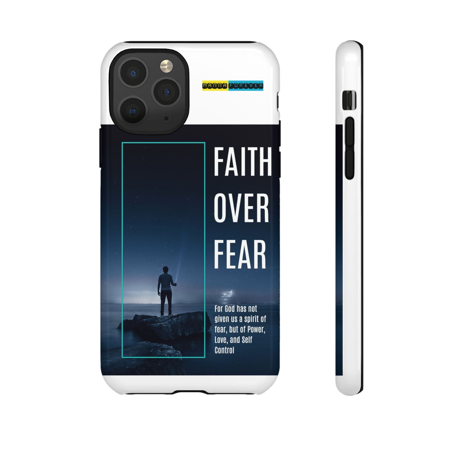 DOUBLE LAYER WHITE PHONE CASE WITH CHRISTIAN QUOTE "FAITH OVER FEAR " - MADE FOR  IPHONE, SAMSUNG AND GOOGLE PIXEL MODELS