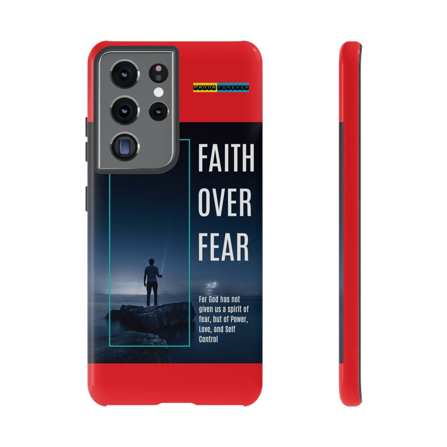 DOUBLE LAYER RED PHONE CASE WITH CHRISTIAN QUOTE "FAITH OVER FEAR " - MADE FOR  IPHONE, SAMSUNG AND GOOGLE PIXEL MODELS