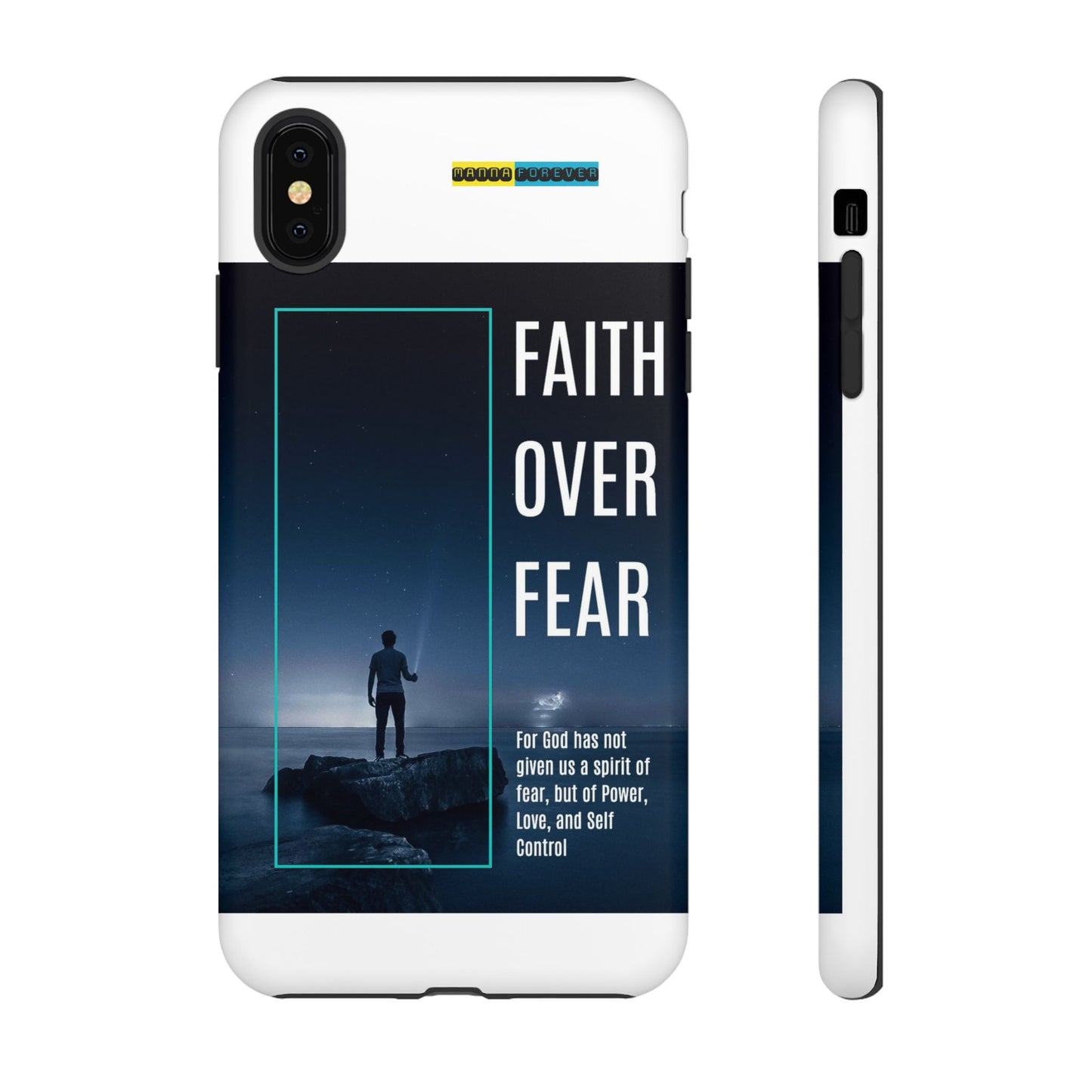 DOUBLE LAYER WHITE PHONE CASE WITH CHRISTIAN QUOTE "FAITH OVER FEAR " - MADE FOR  IPHONE, SAMSUNG AND GOOGLE PIXEL MODELS