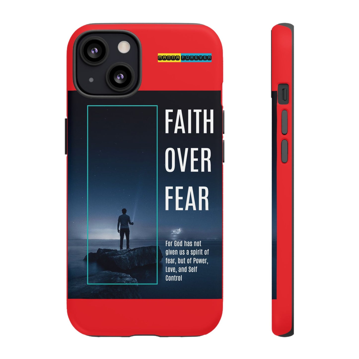 DOUBLE LAYER RED PHONE CASE WITH CHRISTIAN QUOTE "FAITH OVER FEAR " - MADE FOR  IPHONE, SAMSUNG AND GOOGLE PIXEL MODELS