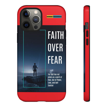 DOUBLE LAYER RED PHONE CASE WITH CHRISTIAN QUOTE "FAITH OVER FEAR " - MADE FOR  IPHONE, SAMSUNG AND GOOGLE PIXEL MODELS