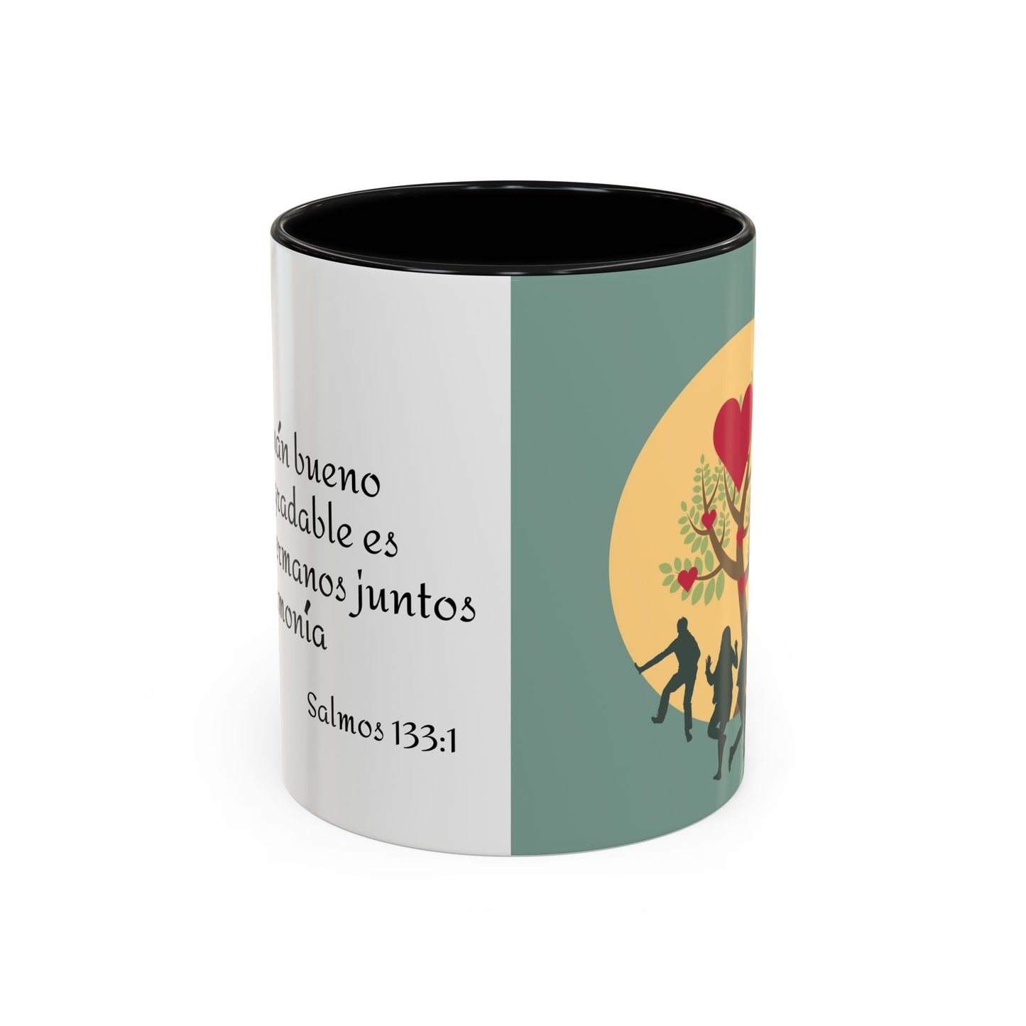 TAZA PARA CAFÉ DE CERÁMICA CON DOBLE TONALIDAD DECORATIVA CON CITA BÍBLICA SALMOS 133:1