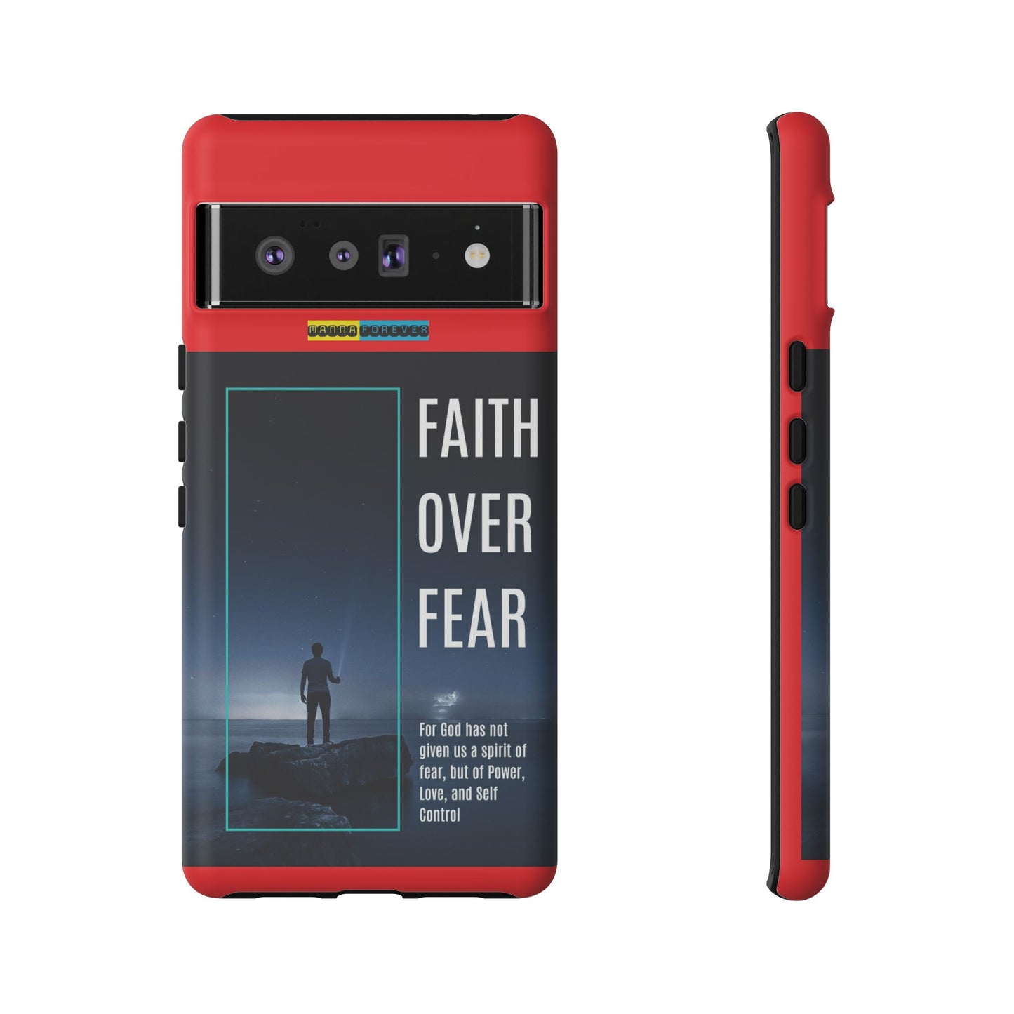 DOUBLE LAYER RED PHONE CASE WITH CHRISTIAN QUOTE "FAITH OVER FEAR " - MADE FOR  IPHONE, SAMSUNG AND GOOGLE PIXEL MODELS