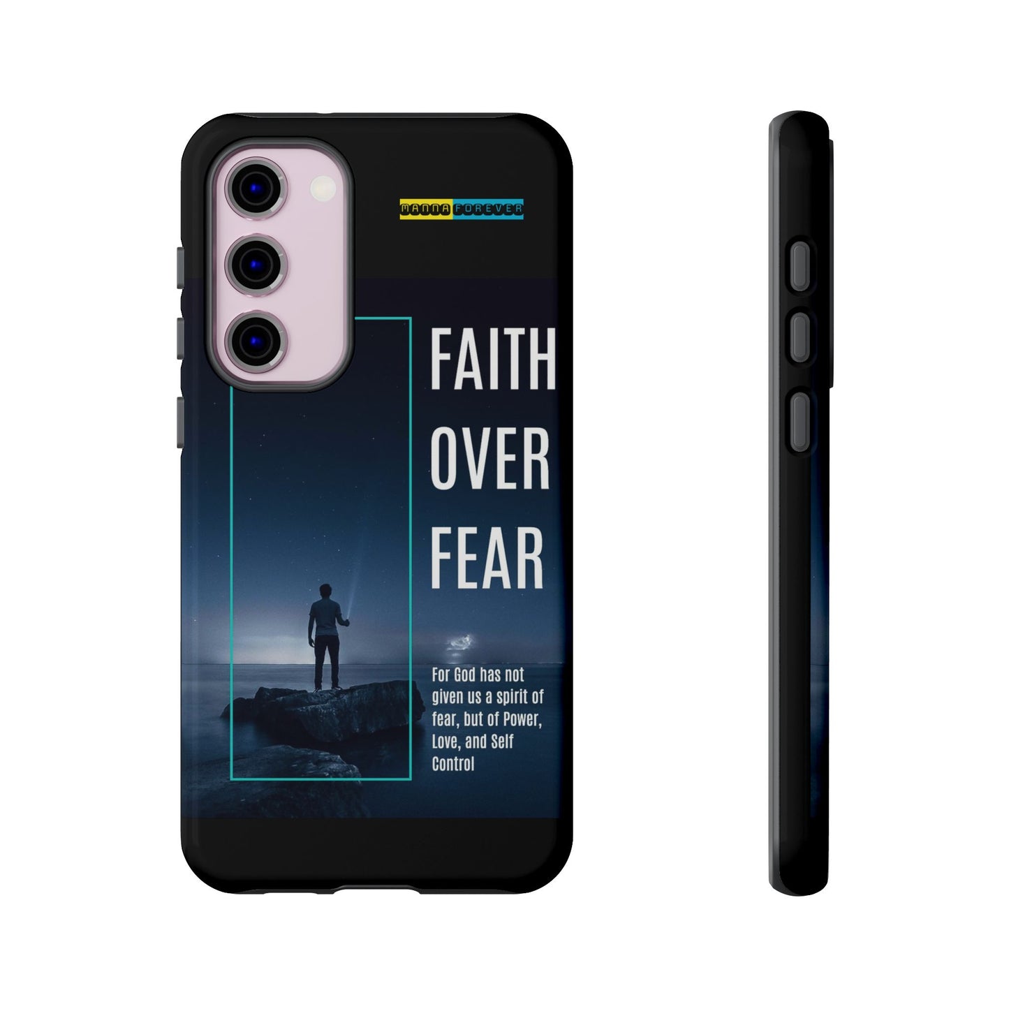 DOUBLE LAYER BLACK PHONE CASE WITH CHRISTIAN QUOTE "FAITH OVER FEAR " - MADE FOR  IPHONE, SAMSUNG AND GOOGLE PIXEL MODELS