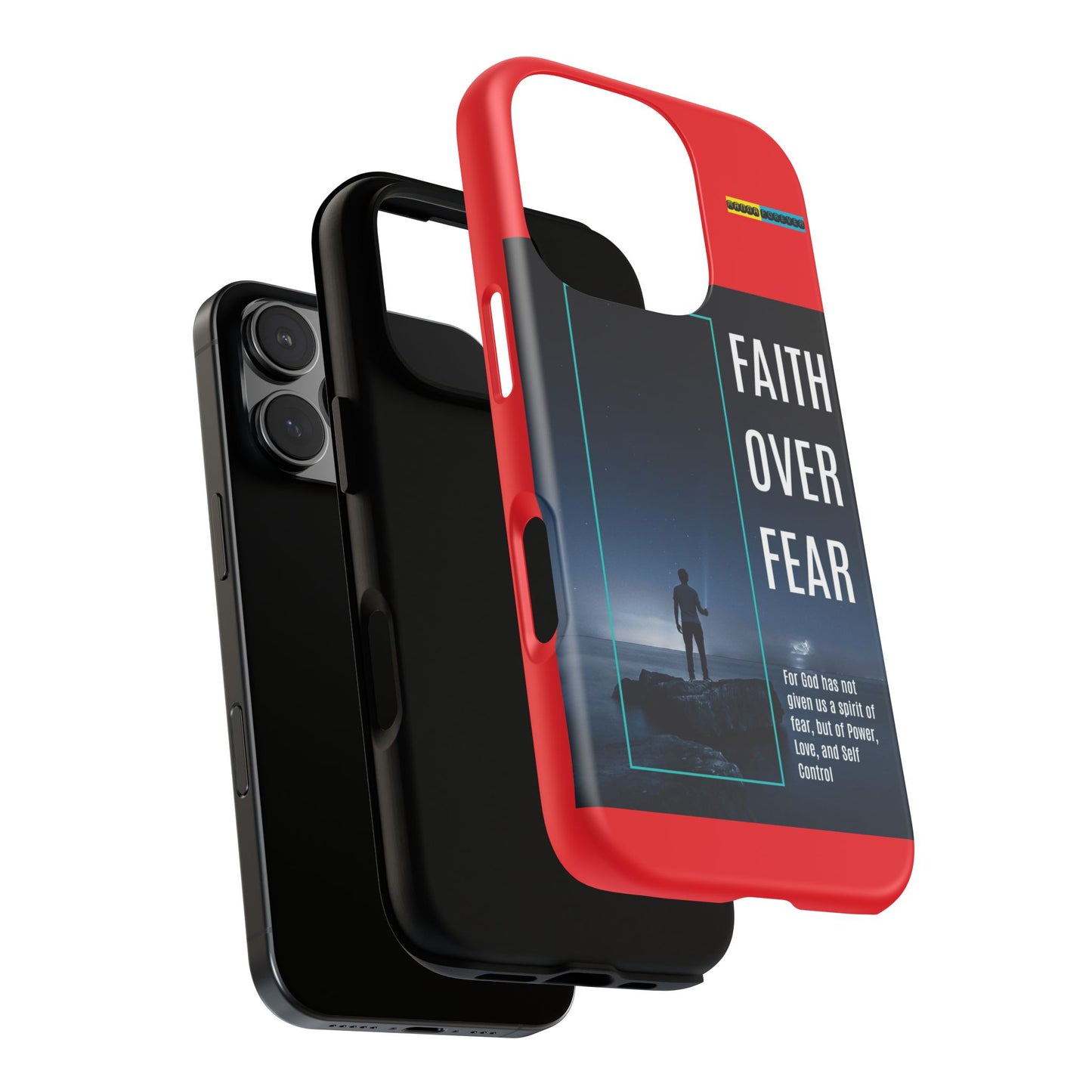 DOUBLE LAYER RED PHONE CASE WITH CHRISTIAN QUOTE "FAITH OVER FEAR " - MADE FOR  IPHONE, SAMSUNG AND GOOGLE PIXEL MODELS