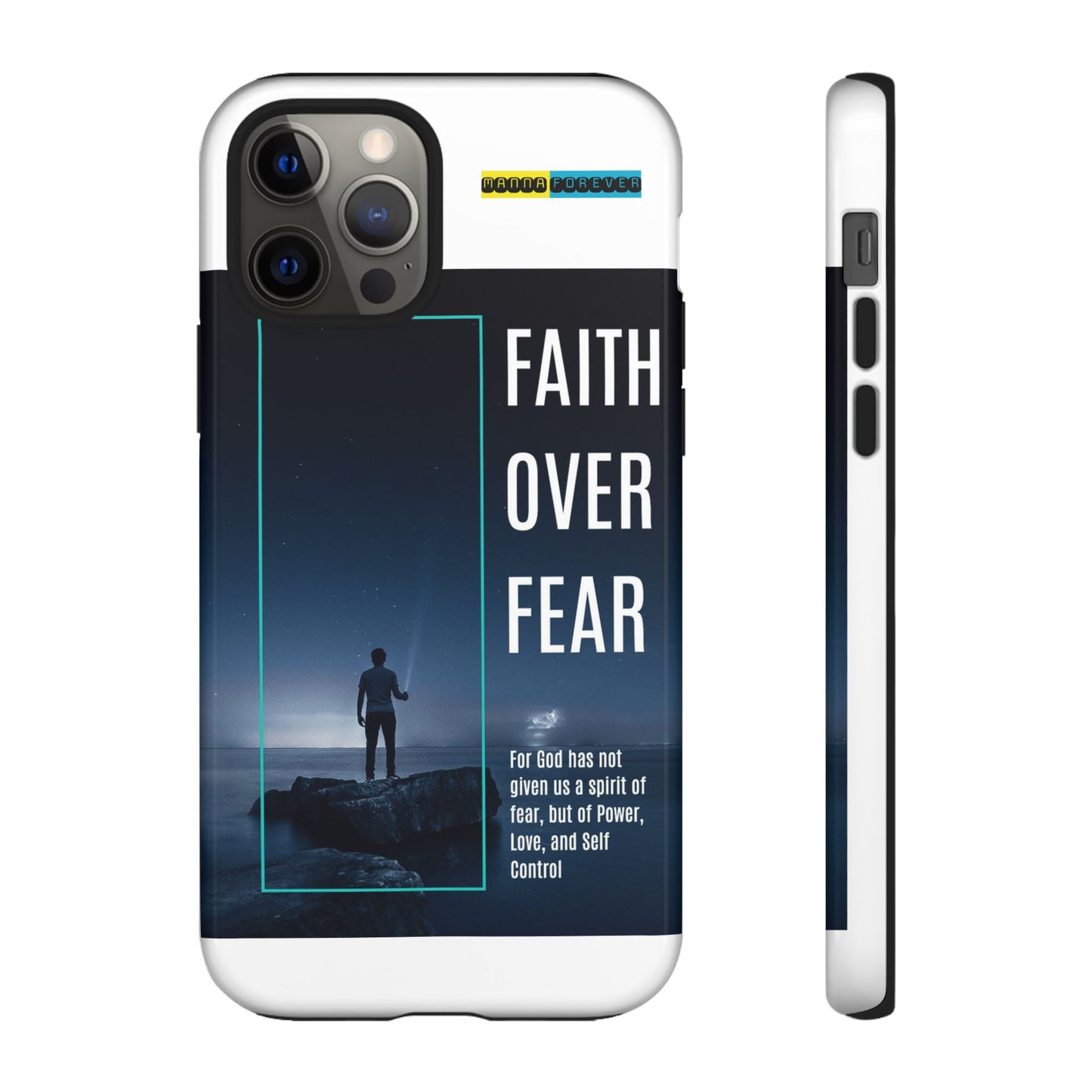 DOUBLE LAYER WHITE PHONE CASE WITH CHRISTIAN QUOTE "FAITH OVER FEAR " - MADE FOR  IPHONE, SAMSUNG AND GOOGLE PIXEL MODELS