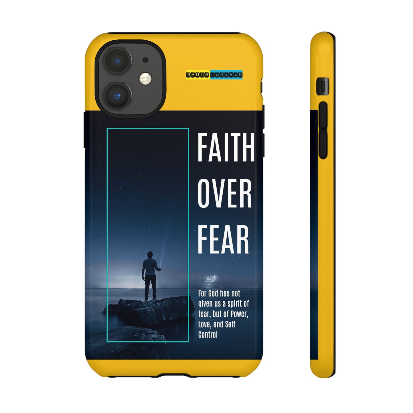 DOUBLE LAYER YELLOW PHONE CASE WITH CHRISTIAN QUOTE "FAITH OVER FEAR " - MADE FOR  IPHONE, SAMSUNG AND GOOGLE PIXEL MODELS