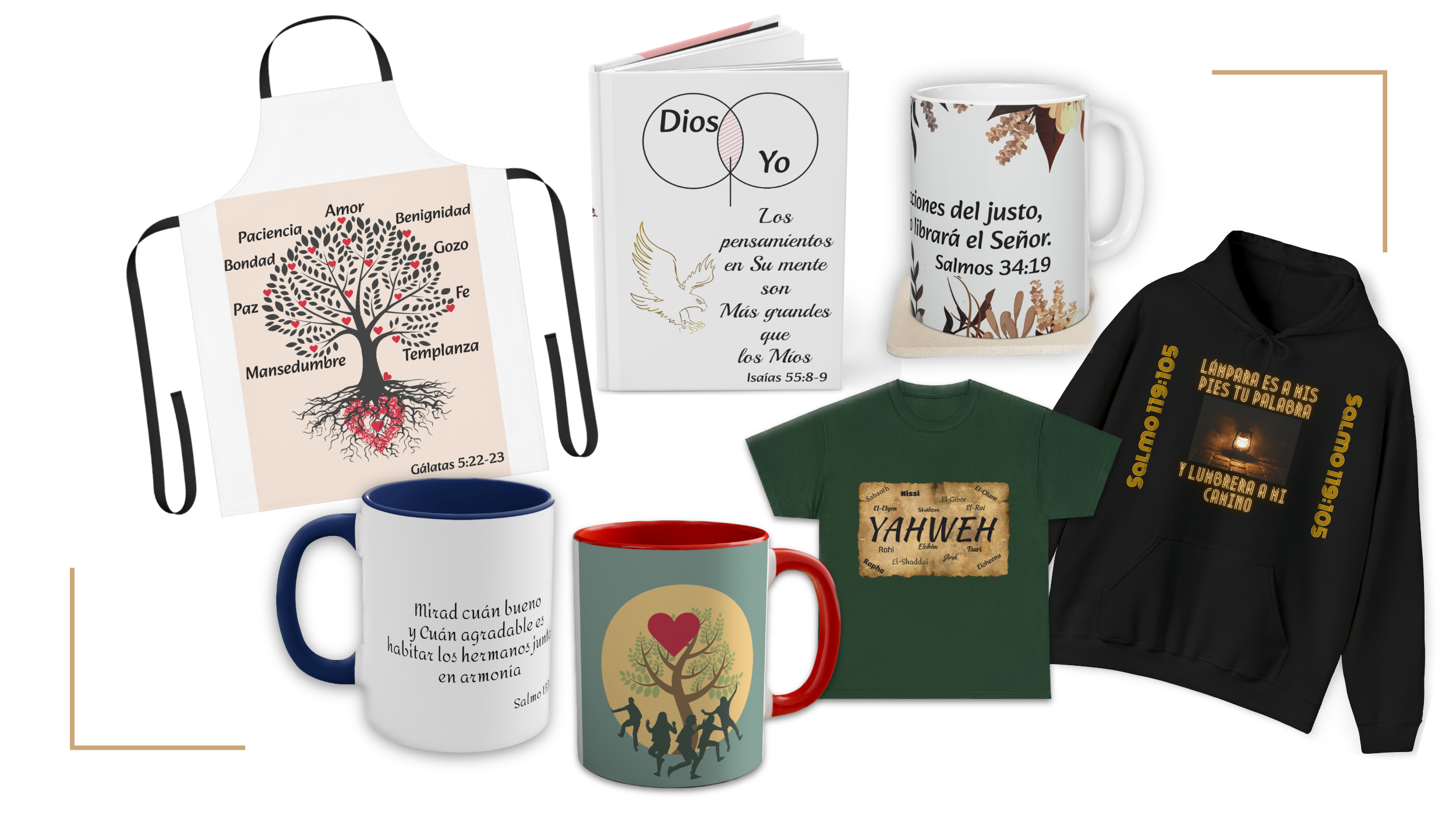 Aprons, Mugs, Journals, Shirts and Hoodies also available with same designs and scripture written en Español.