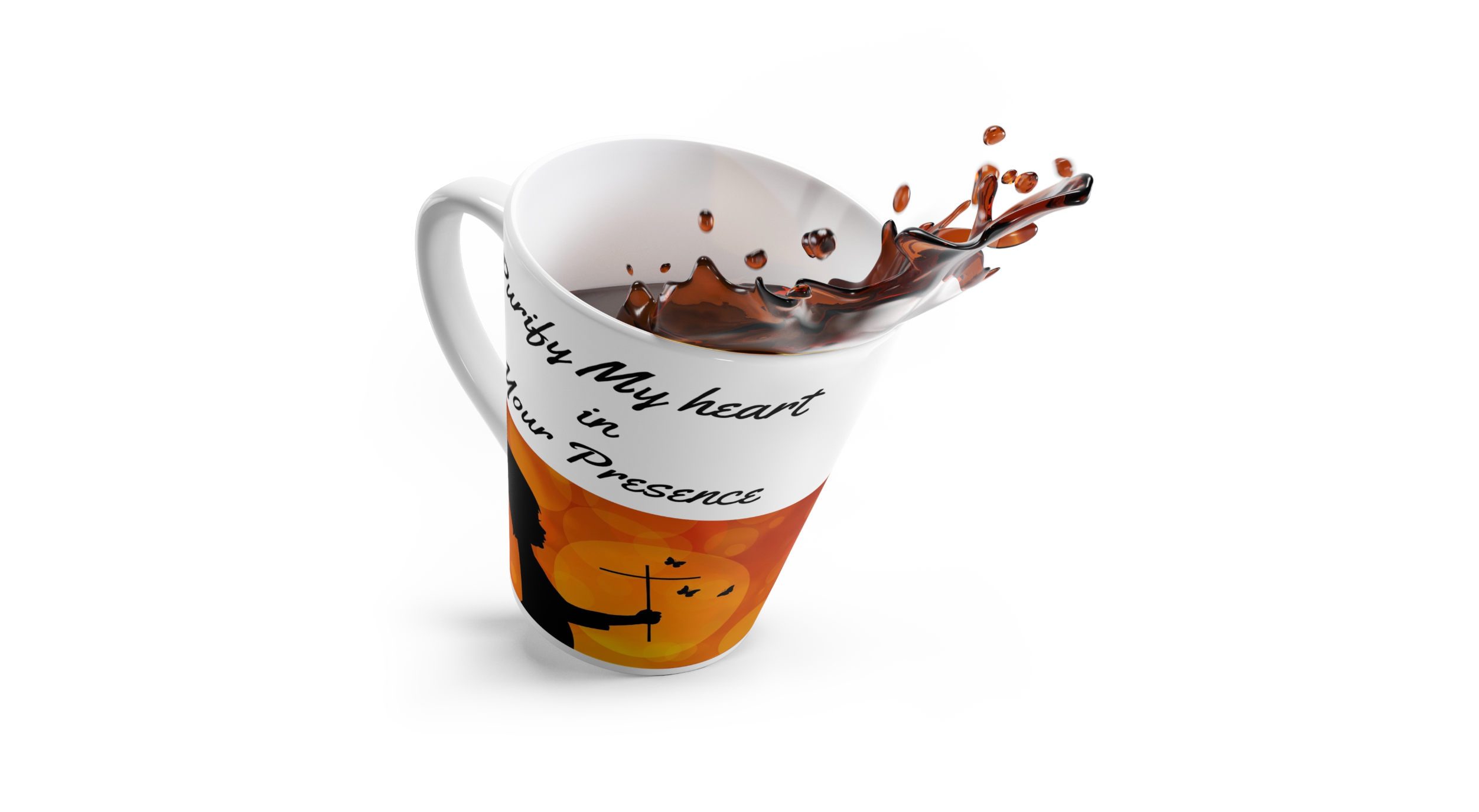 Latte Mug spilling coffee in the air with Purify my Heart in Your Presence phrase and Psalm 51:10 written on it. It also includes a child's shadow holding a cross with an orange background image.